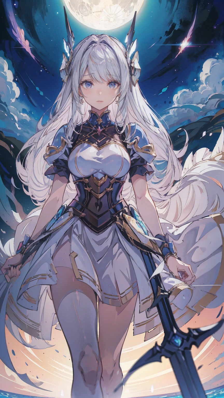 Anime girl walking near a cliff, Beautiful fantasy anime, high detailed official art, Silver-haired God, Shadowverse Style, Anime Goddess, Nightcore, Detailed Key Anime Art, official art, Masterpiece Goddess of Beauty, Anime fantasy illustration, Detailed digital anime art, Epic light novel art cover, From the Arknights video game, Anime fantasy art, Calm background, Bright white moon, white beach dress, Sea view
