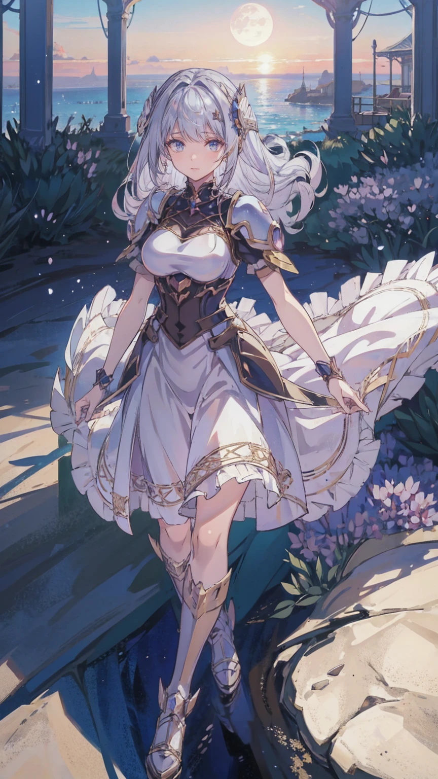 Anime girl walking near a cliff, Beautiful fantasy anime, high detailed official art, Silver-haired God, Shadowverse Style, Anime Goddess, Nightcore, Detailed Key Anime Art, official art, Masterpiece Goddess of Beauty, Anime fantasy illustration, Detailed digital anime art, Epic light novel art cover, From the Arknights video game, Anime fantasy art, Calm background, Bright white moon, white beach dress, Sea view
