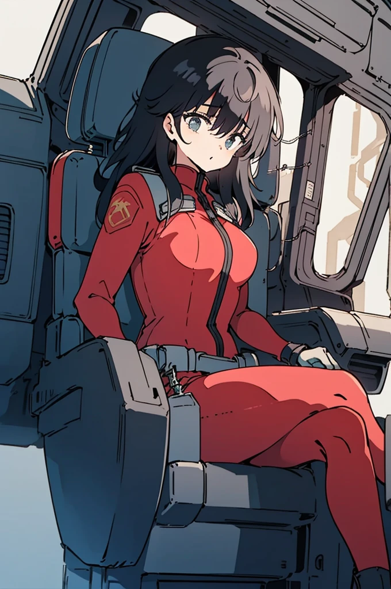 masterpiece, high quality, solo, cimagarahau,1woman, sitting, (take control:1.5), open legs, dark red pilot suit, cockpit, Heavy machinery control platform, Dangling wires, medium breasts, long hair, (black hair:1.5), (angry:0.5), Dynamic Angle, Space Background, close up