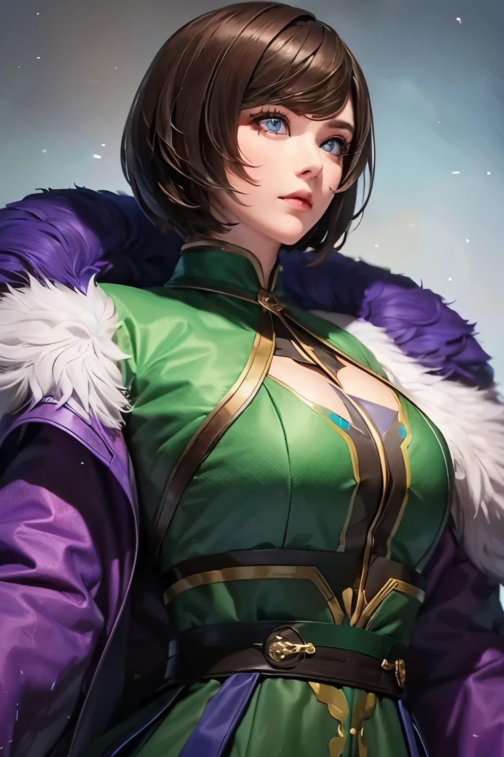 girl, brown hair, Bob haircut, With bangs, Purple snow jacket under green sweater, Cross your hands, A slightly serious look, big eyes,  white gloves, Blue eyes,