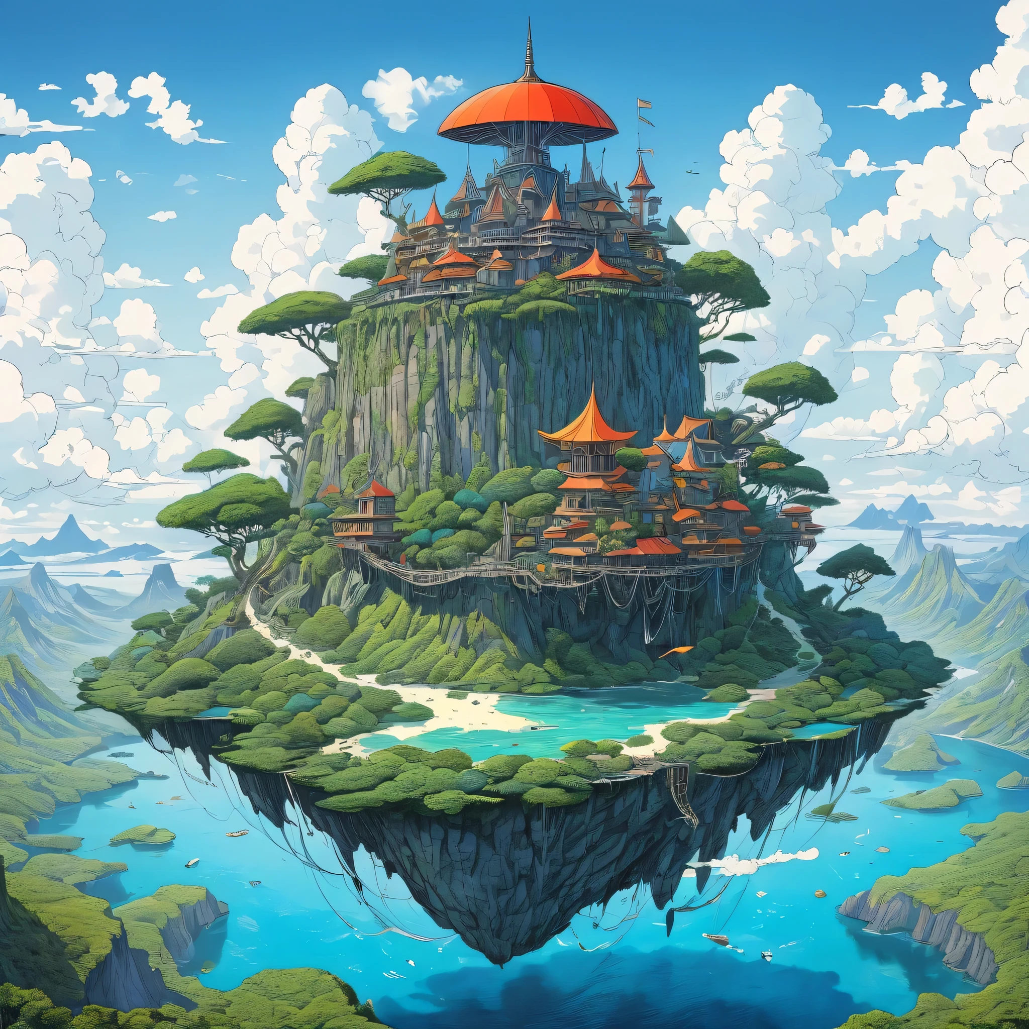 Super high quality, fantasy island in the sky, surrealism, AKIRA style, detailed line art, color with acrylic paint
