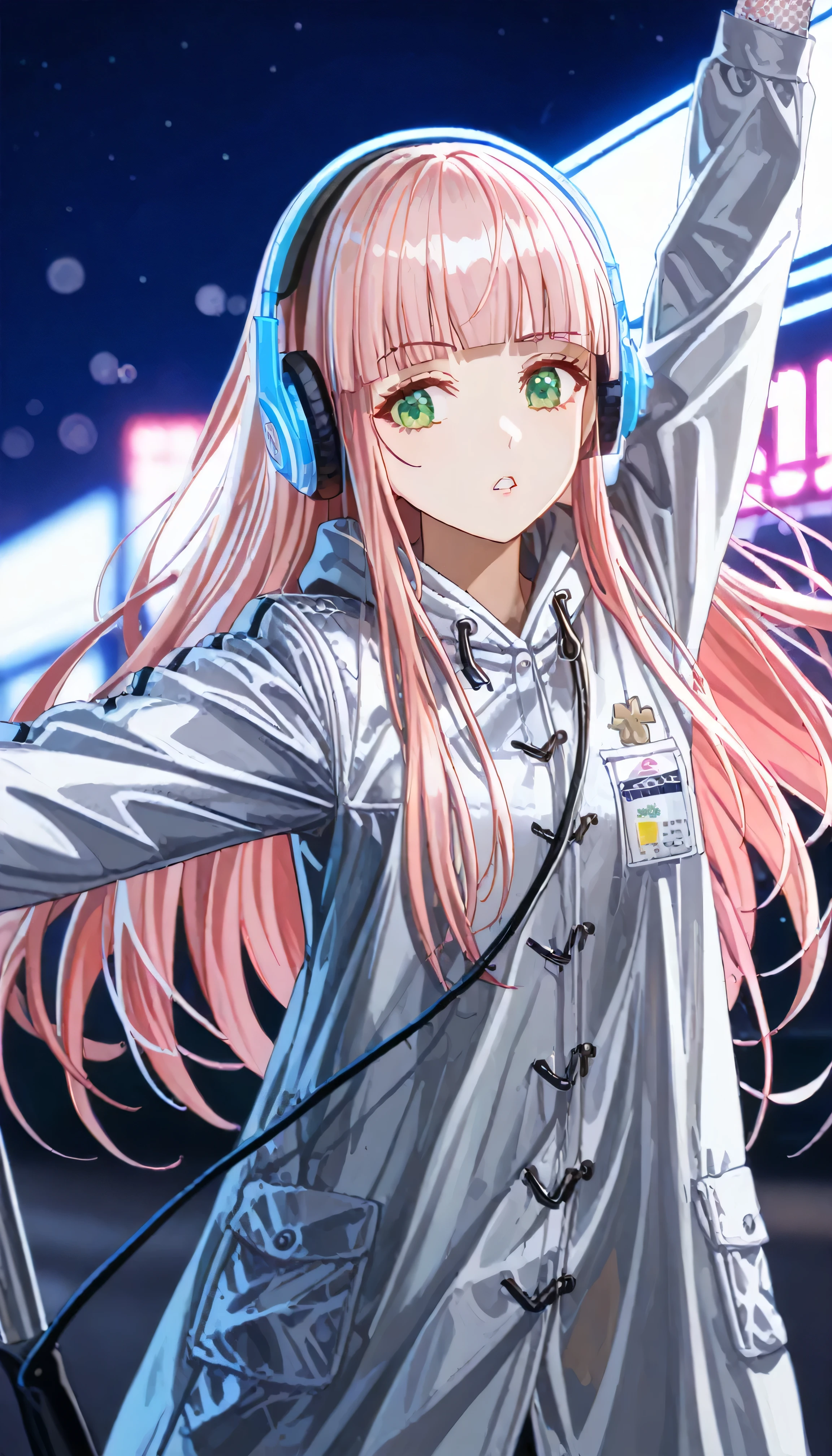 luzao\(EOE\),one girl,solo,best quality, masterpiece, ,,break,1girl,at night,narrow valley,(depth of field, blurry background), (Detailed Lighting),,break, super detailed skin,very high resolution, very aesthetic, by famous artist, 8k, 16k,,beauty illustration,photoshop_(small),,(Detailed Lighting),best wallpaper,(green eyes:1.2,raised eyebrow),(pearl pink hair|Detailed hair|blunt bangs|shiny hair|long hair),headphones,(gray raincoat,white sleeves,miniskirt),(sliver gloves),(stretching out,standing),(teeth, parted lips,),unaestheticXL_bp5, (negative_v2 Color_Balance_Calibration:0.8), aidxlv05_neg, (SuperQuality:1.0) ~ (SuperQuality:1.2), aid210, SimplePositiveXLv2, boring_sdxl_v1