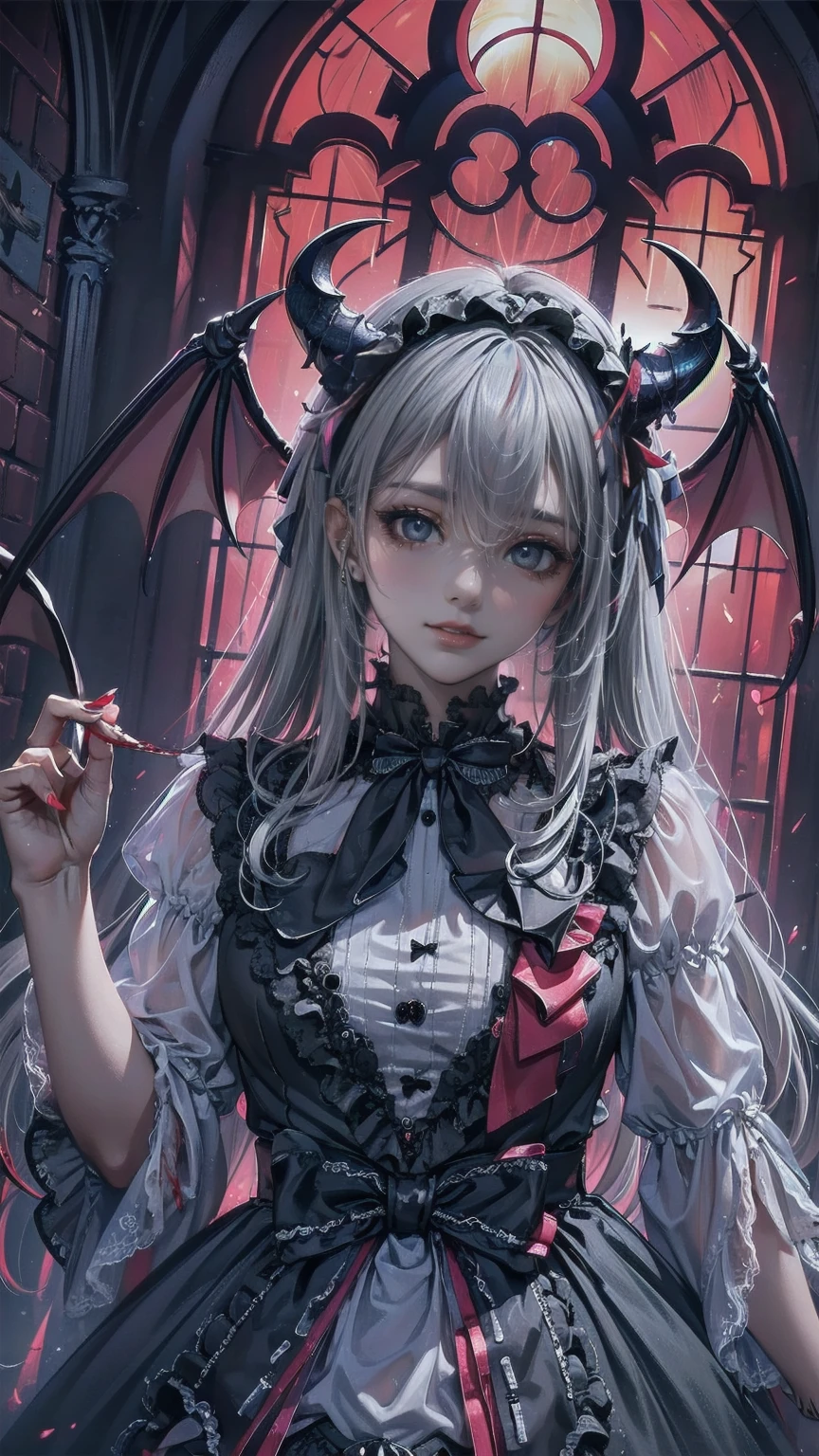 Highly detailed wallpaper, Extremely detailed, Detailed Shadows, Extremely precise and detailed, Highly detailed 8k wallpapers, Very beautiful 8K CG wallpaper,Old ruined church. . Her black dress is torn，There are stains in many places. Her Gray Hair is dull, Long and Disturbed. Light shines through a broken stained glass window。.Demon horns on head.It has bat wings on its back.tooth,(Best Writing, Extremely delicate and beautiful),(Best Writing, Extremely delicate and beautiful), (Beautiful and delicate face), (Detailed eyes and face:1.2), Dark fantasy, Alone, Cute Smile, Gray Hair, Dynamic Angle, vampire), (gaint vampire castle in background), (Red Moon, Red Sky), pointed_, tooth, Devil&#39;s Wings, Devil horns, There is blood on the face, Blood Rain, Blood Mist, (Depth of written boundary), High Contrast, (Blood splatter:1.4), Cowboy Shooting, whole body,Little b doll, Cool Beauty, Makeup, Affectionate and lewd expression, Captivating eyes, Yandere, Crazy Smile, Scary smile, Wicked Smile, A mean smile, Green, Malicious smile, Creepy Smile, Big Eyes, Big Mouth, compensate, Yellow fluffy messy wavy short hair, Ahoge, Straight bangs, Wearing a fluffy red gothic dress, Perfect proportions, BREAK Halloween Effect, Fog filter effect, Glitter effect, BREAK Orange background, Purple and black paper cutting and shadow art, Low Bit Mosaic, Spiral random color change effect, Destroy delicate and dynamic textures, Light and shadow contrast, 2.5D, Artistic photography, Surreal, Digital Graphic CG, Break Super Details, The perfect solution, Best Quality
