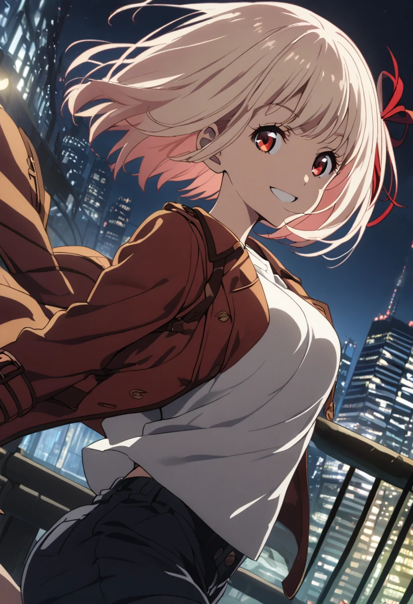 chisato nishikigi, short hair, bangs, blonde hair, red eyes, hair ribbon, one side up, bob cut, smile, large breast, white t-shirt, trench coat, short pants, night, city, fence, wind, 