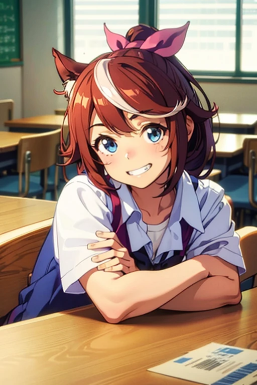 Tokai Teio,smile,high ponytail,fake animal tails,girl,best quality,grin,curtsey,head tilt,leaning forward,classroom