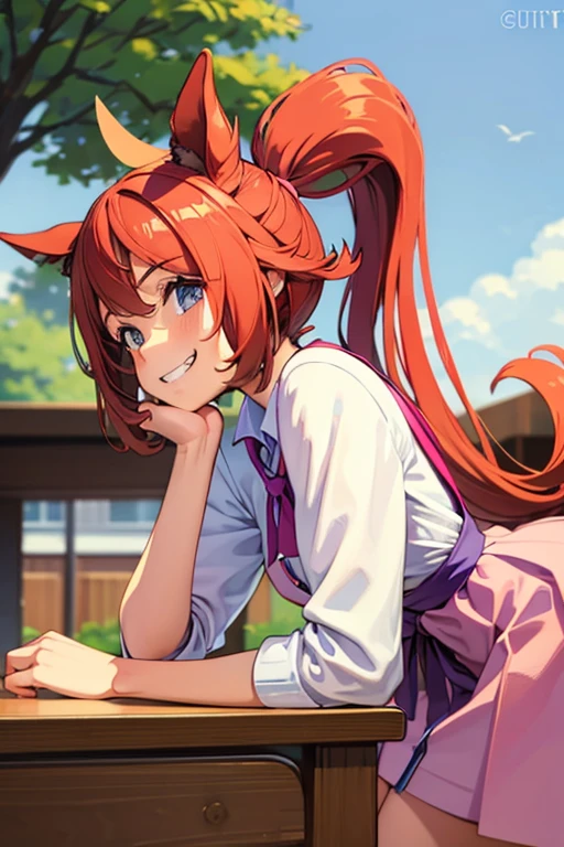 Tokai Teio,smile,high ponytail,fake animal tails,girl,best quality,grin,curtsey,head tilt,leaning forward,