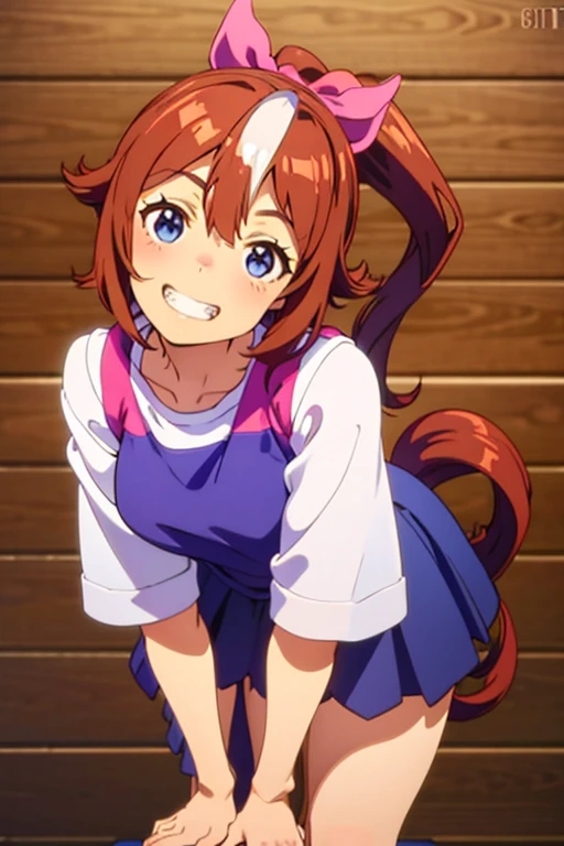 Tokai Teio,smile,high ponytail,fake animal tails,girl,best quality,grin,curtsey,head tilt,leaning forward,