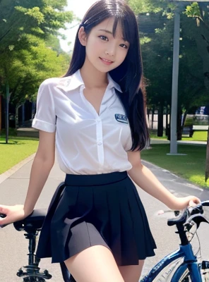 (Sitting astride a bicycle、Japanese high school girl waiting at a traffic light)、Short sleeve white shirt、Take the wheel、Her bra is visible through the cuffs of her short sleeves、Very short checkered pleated skirt、Dark brown bob hair、Medium Hair、Straight hair、smile、Stretching one&#39;s feet on the curb、Her long, Beautiful slender legs、Well-proportioned physique,、Wear loafers、A gentle breeze blows and flips my skirt、((I see your cotton panties.))、Rear view at the intersection、(((Angle from below)))、Beautiful blue sky and white clouds、(Highest quality, masterpiece, High resolution)、8k、wallpaper、Her short skirt is rolled up, Panties exposed