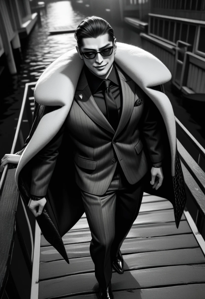 1boy, solo, Whole body, mafia, 50 years old, Asian Male, Slicked-back black hair, sunglasses, Raise your arm and throw away your cigarette, Cynical smile, Square jaw, Luxurious coat with fur, Armani Suits, monochrome, UHD, masterpiece, high details, Wharf, Walking towards the viewer