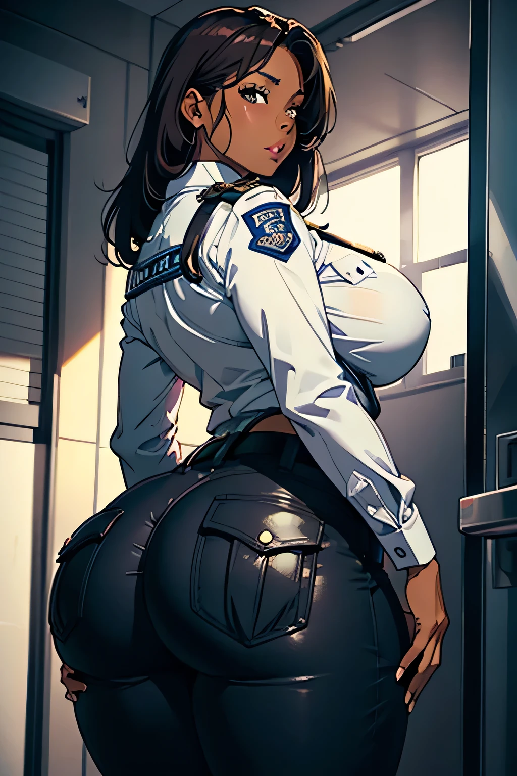 Sexy (police woman), (police uniform), bulky (diaper), diapered, beautiful, pleasure, colorful, fantasy, (big breasts), wide hips, blushing, big lips, bimbo, long lashes, (confident), atmospheric, (mood lighting), (confident), seductive, ((mommydom)), (skyscraper), city, smiling, raised eyebrows, tight pants