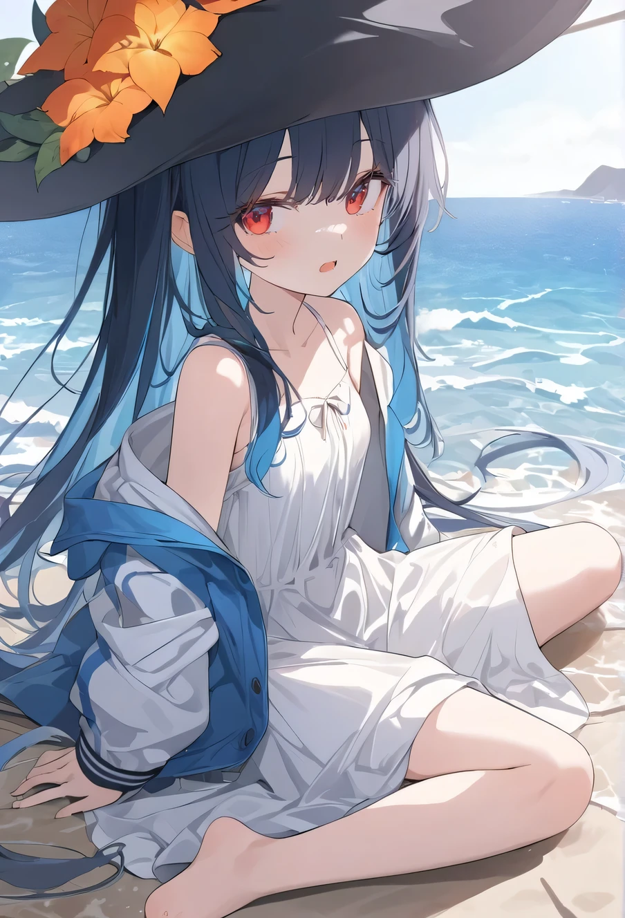masterpiece,high quality,The best,official art,Beautiful and picky,extremely detailed(Fractal Art 1.2),Colorful,most detailed,a girl,expressionless,long dark blue hair,long bangs,bright red eyes,pale albinism,barefoot,Wearing a pure white summer dress,Wearing a jacket that is not the right size,Wearing a witch hat, blush, open mouth, double tail, blue hair/watercolor hair, seaside,looking at the audience,