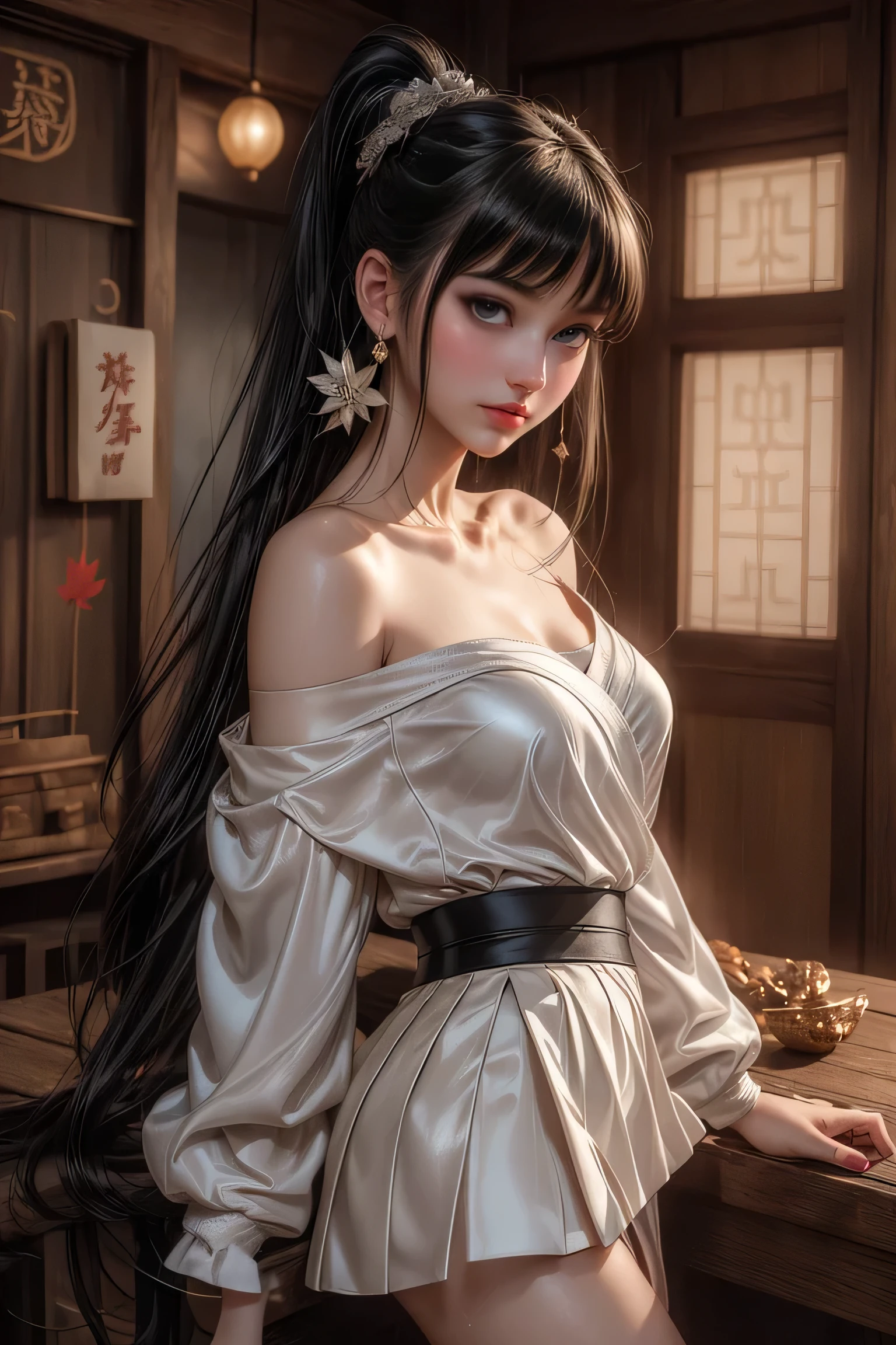 fotorrealista, Very high resolution, 1 mulher, solo,paus,Palaces,Ray Tracing de arquitetura oriental,{melhor qualidade},{ {tmasterpiece}},papel de parede 8k extremamente detalhado,{um extremamente delicado e bonito},detalhes intrincados,fotorrealista,Realiy,Camera quality,(Retratar cuidadosamente as roupas),pele branca fria,(Retratar cuidadosamente o blush),1080P,hips up, (Rosto detalhado), Uma cara fria,cabelos brancos, medium breasts, long, whitish hair, Sword repair,Manto branco,roupas grandes, jewelries,Cabelos prateados claros e lisos,messy beauty,lamplight,The skin is shiny and silky,tmasterpiece,a melhor qualidade,The illustrations are super detailed,Olhos belos,muito detalhado 8k CG wallpaper,peach blossom eyes,uma menina extremamente delicada e bonita,Papel de parede 8k,melhor qualidade,close-up por todo o corpo