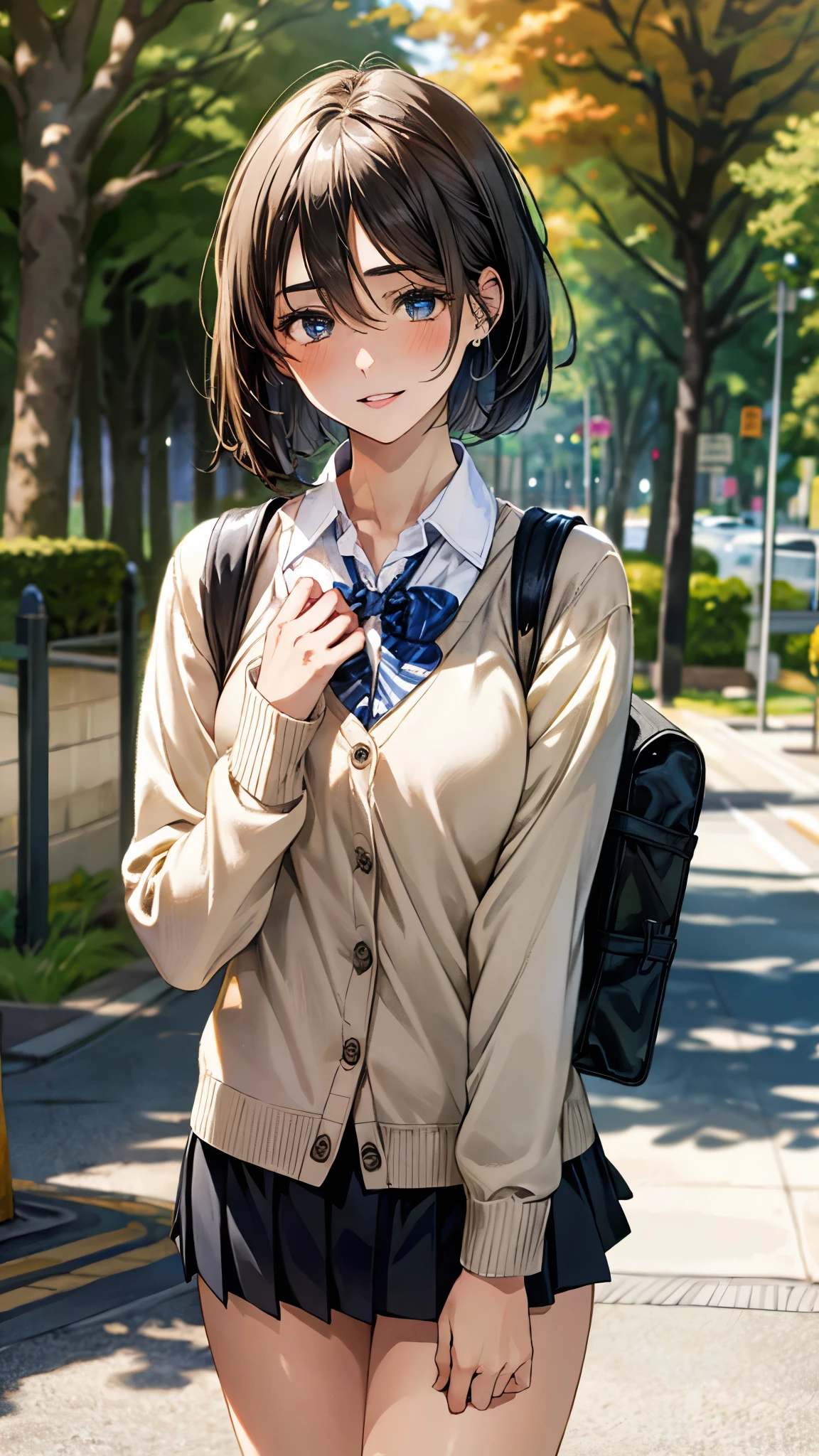 masterpiece, Highest quality, High resolution, Very detailed, Detailed Background, Cinema Lighting, One Girl, young woman, Wear a white shirt, Brown cardigan, smile, wearing  Backpack, (Backpack:1.0), travel Backpack, Are standing, whole body, Day, Day光, Outdoor、very cute and beautiful girl,Teen,(Very detailed美しい顔),(White blouse),(smile),Happy,(Beige cardigan:1.2) (Brown shoulder bag),(Brown Checkered Micro Mini Skirt:1.2),zettai ryouiki,
Dynamic pose,hair ornaments,Black Hair,Shopping Street,Town Square,
(Highest quality,masterpiece:1.2),High resolution,Very detailedな,Very detailed,32K,8k resolution,
Intricate details,Movie-like scene,Detailed Background,alone,Dynamic Angle,
Hair blowing in the wind,Beautiful and detailed sky,Cleavage、Embarrassed expression
