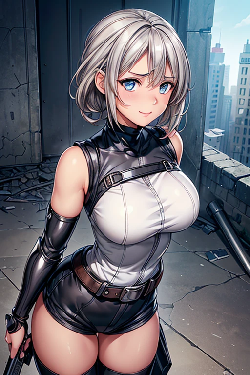 ((Erect nipples exposed))、masterpiece, highest quality, cyber punk, cyber punk city, Beautiful woman, Pretty face, Silver Hair, short hair, Messy Hair, blue eyes, Super Heroine, Abdominal muscles, Big Breasts, sexy,