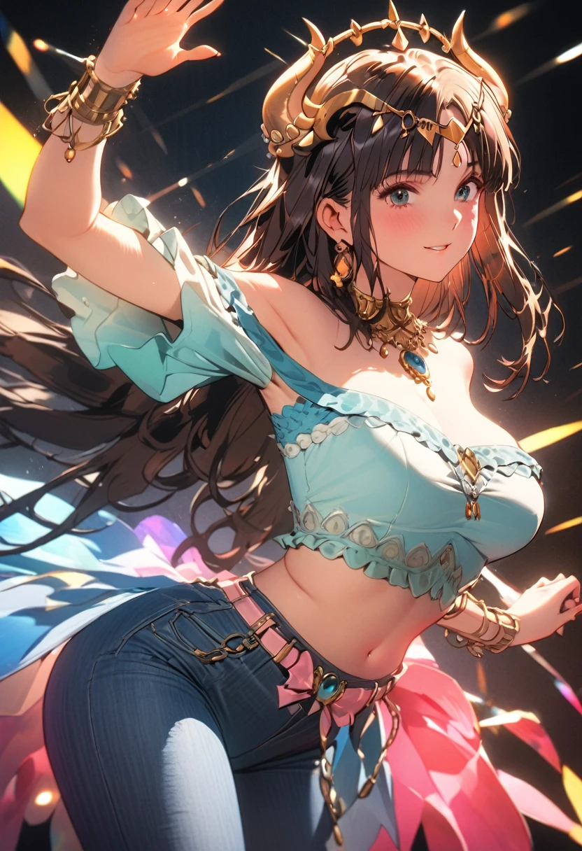 a vibrant woman in a high-waisted jeans, off-the-shoulder colorful top, chunky accessories, 1980s aesthetic, dynamic poses, detailed fashion, cinematic lighting, warm color tones, 8k, best quality, intricate details, studio lighting, physically-based rendering nilou, niloudress, , whole body
