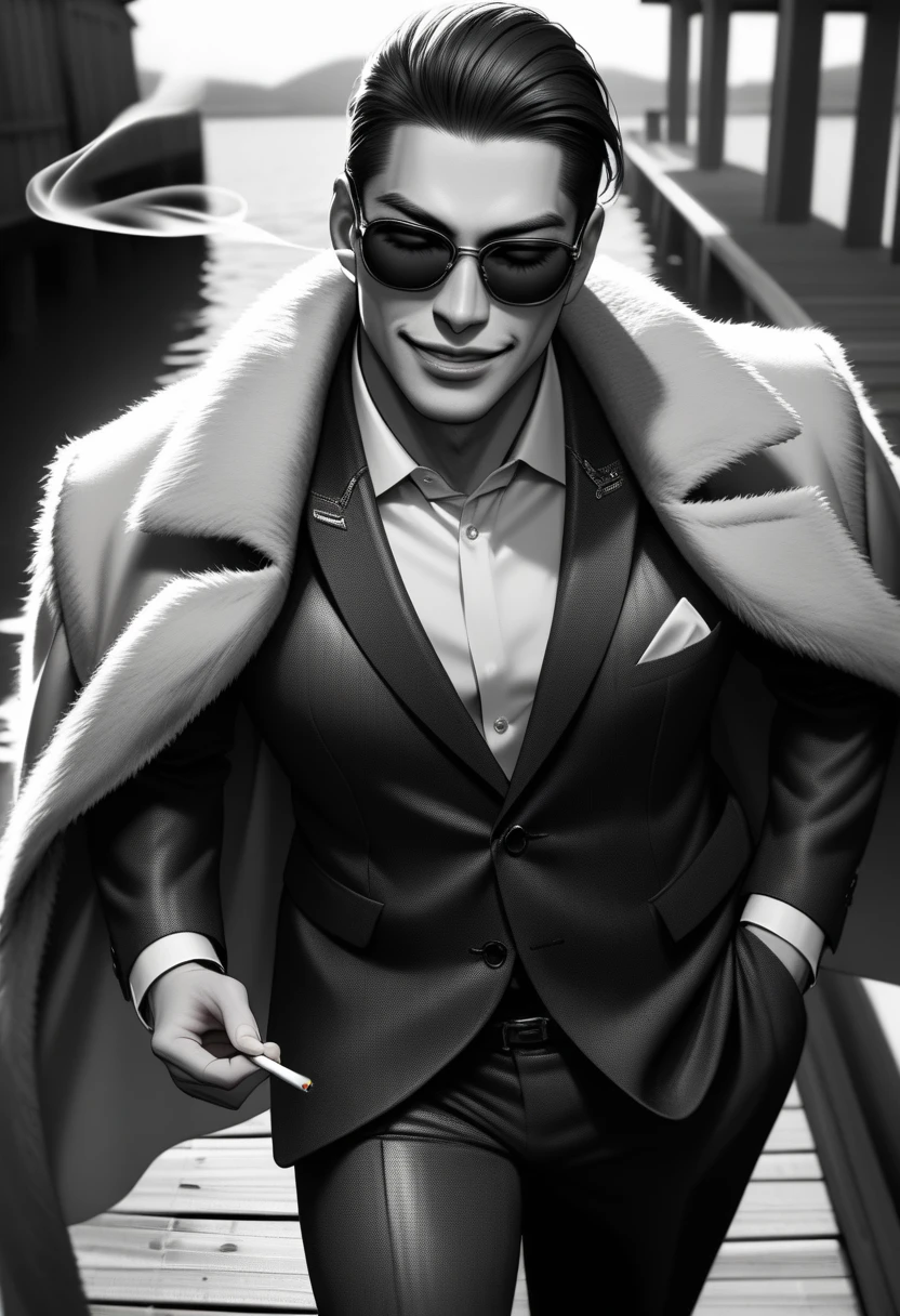 1boy, solo, Whole body, mafia, 50 years old, Asian Male, Slicked-back black hair, sunglasses, Close eyes, Throw the cigarette up, Smoke is streaming, Cynical smile, Square jaw, Luxurious coat with fur, Armani Suits, monochrome BREAK UHD, masterpiece, high details, Wharf, Walking towards the viewer