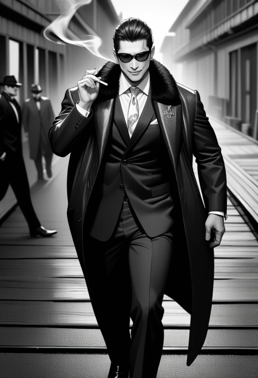 1boy, solo, Whole body, mafia, 50 years old, Asian Male, Slicked-back black hair, sunglasses, Close eyes, Throw the cigarette up, Smoke is streaming, Cynical smile, Square jaw, Luxurious coat with fur, Armani Suits, monochrome BREAK UHD, masterpiece, high details, Wharf, Walking towards the viewer