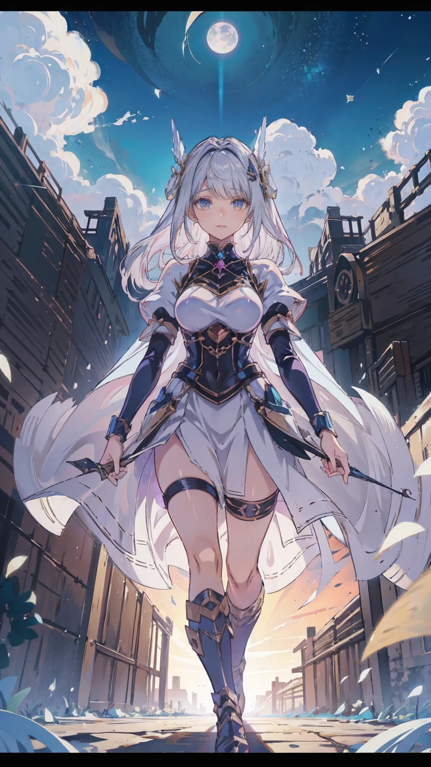 Anime girl walking near a cliff, Beautiful fantasy anime, high detailed official art, Silver-haired God, Shadowverse Style, Anime Goddess, Nightcore, Detailed Key Anime Art, official art, Masterpiece Goddess of Beauty, Anime fantasy illustration, Detailed digital anime art, Epic light novel art cover, From the Arknights video game, Anime fantasy art, Calm background, Bright white moon, white beach dress, Sea view
