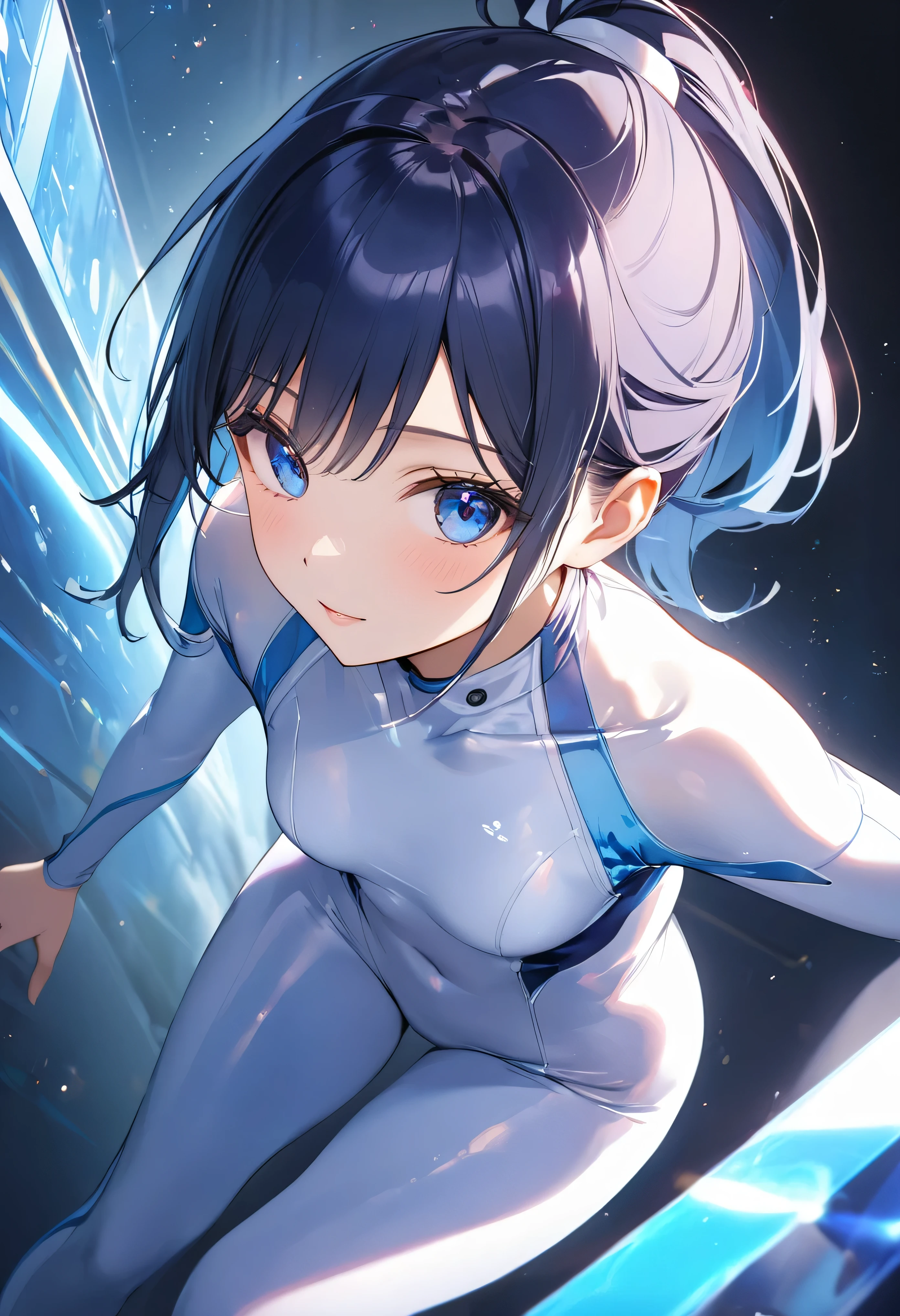 ((Holographic glow effect)),(masterpiece、Best Quality、Highest Resolution、Clear_image、Detailed details、The angle is from above): (solo、A girl alone、Japanese Faces、High knot ponytail、Dark blue hair girl、Small breasts、(Perfect body:1.4)、Sparkling blue eyes、(White and navy blue zero suit、White and navy bodysuit、White and navy tight-fitting clothing、Wear full white and navy blue cover、White and navy thigh-covering pants、White and navy shoulder cover outfit、White and navy cropped jacket、White and navy shiny clothes、Navy blue tight-fitting pants that hide the legs、Clothing that doesn't attract skin、Clothes that hide the skin、Armor to hide the chest)、Very delicate and beautiful、Detailed Skin、Slim body、Exoskeleton、Cute、A gentle smile、Soft expression、heroine、White and navy blue long boots、Elbow-length gloves)、Mscockpit,cockpit,Fantasy,ROMANCE,action,SCIENCE FICTION,TEEROR,COMICS,NFWS,hero,Mecha,Mechanical,mechanical body,Cartoon,Polished floor