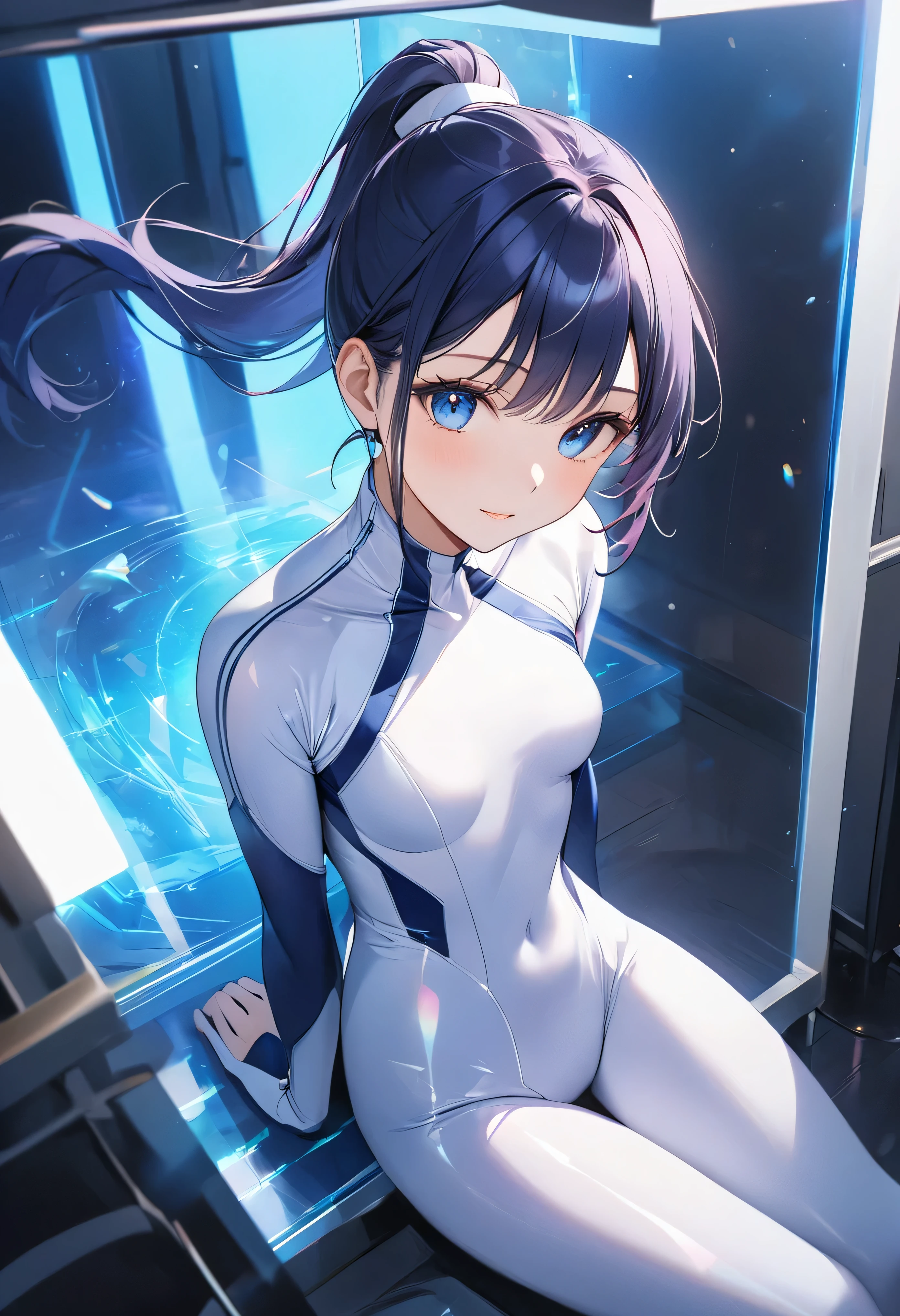 ((Holographic glow effect)),(masterpiece、Best Quality、Highest Resolution、Clear_image、Detailed details、The angle is from above): (solo、A girl alone、Japanese Faces、High knot ponytail、Dark blue hair girl、Small breasts、(Perfect body:1.4)、Sparkling blue eyes、(White and navy blue zero suit、White and navy bodysuit、White and navy tight-fitting clothing、Wear full white and navy blue cover、White and navy thigh-covering pants、White and navy shoulder cover outfit、White and navy cropped jacket、White and navy shiny clothes、Navy blue tight-fitting pants that hide the legs、Clothing that doesn't attract skin、Clothes that hide the skin、Armor to hide the chest)、Very delicate and beautiful、Detailed Skin、Slim body、Exoskeleton、Cute、A gentle smile、Soft expression、heroine、White and navy blue long boots、Elbow-length gloves)、Mscockpit,cockpit,Fantasy,ROMANCE,action,SCIENCE FICTION,TEEROR,COMICS,NFWS,hero,Mecha,Mechanical,mechanical body,Cartoon,Polished floor