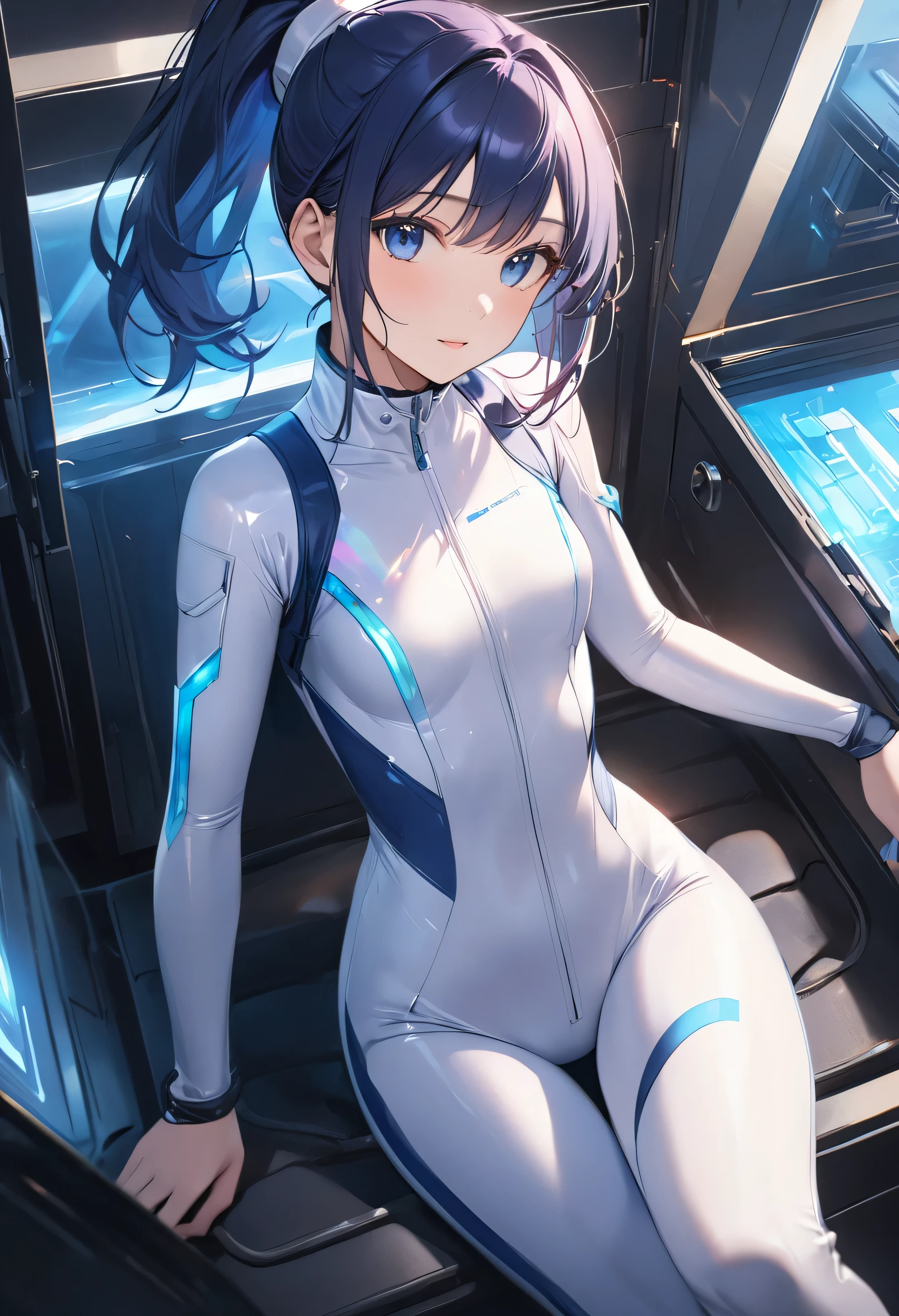 ((Holographic glow effect)),(masterpiece、Best Quality、Highest Resolution、Clear_image、Detailed details、The angle is from above): (solo、A girl alone、Japanese Faces、High knot ponytail、Dark blue hair girl、Small breasts、（Perfect body：1.4）、Sparkling blue eyes、(White and navy blue pilot suit、White and navy blue zero suit、White and navy bodysuit、White and navy tight-fitting clothing、Wear full white and navy blue cover、White and navy thigh-covering pants、White and navy shoulder cover outfit、White and navy cropped jacket、White and navy shiny clothes、Navy blue tight-fitting pants that hide the legs、Clothing that doesn&#39;t attract skin、Clothes that hide the skin、Armor to hide the chest)、Very delicate and beautiful、Detailed Skin、Slim body、Exoskeleton、Cute、A gentle smile、Soft expression、heroine、White and navy blue long boots、Elbow-length gloves)、,Polished floor