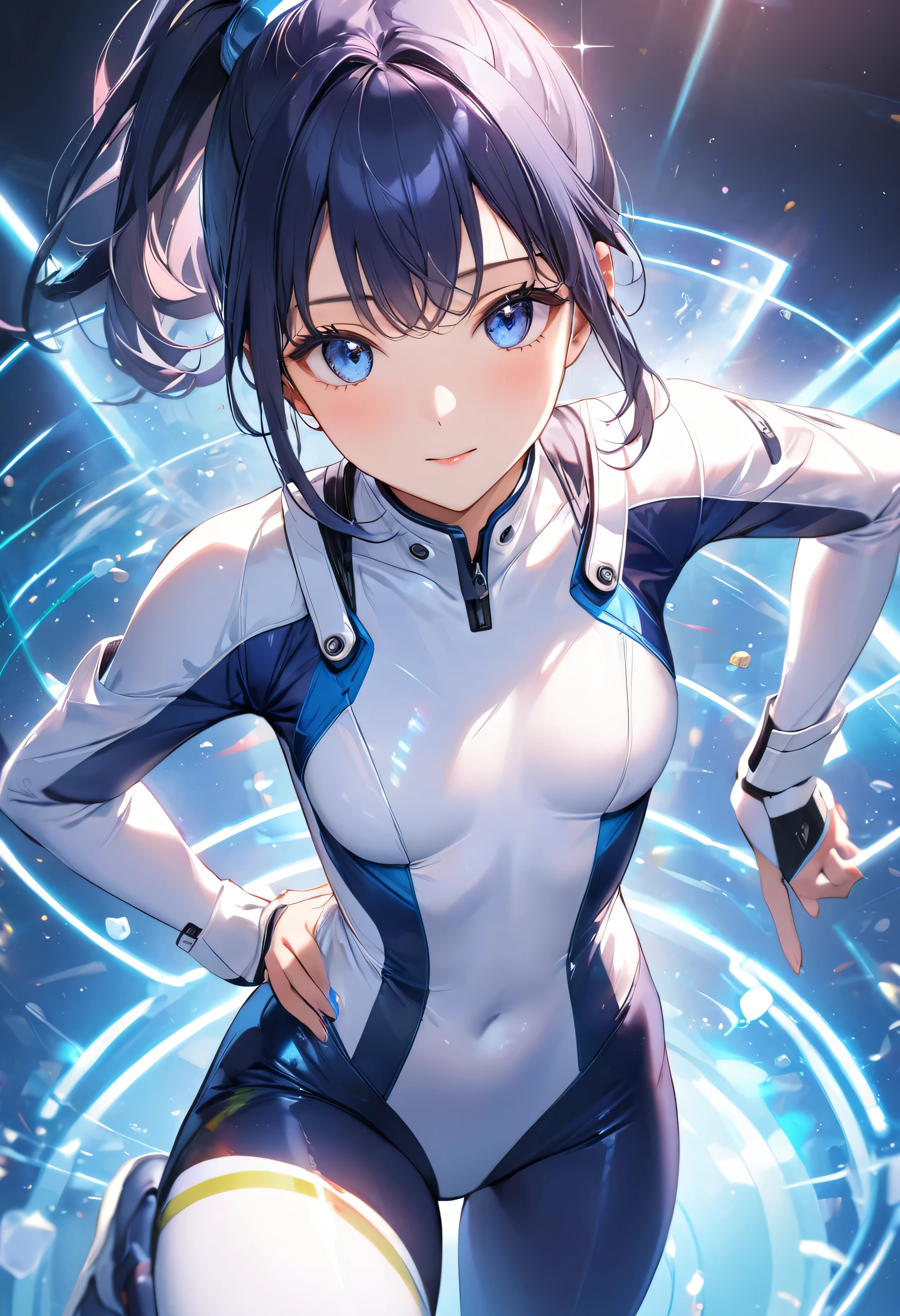 ((Holographic glow effect)),(masterpiece、Best Quality、Highest Resolution、Clear_image、Detailed details、The angle is from above): (solo、A girl alone、Japanese Faces、High knot ponytail、Dark blue hair girl、Small breasts、（Perfect body：1.4）、Sparkling blue eyes、(White and navy blue pilot suit、White and navy blue zero suit、White and navy bodysuit、White and navy tight-fitting clothing、Wear full white and navy blue cover、White and navy thigh-covering pants、White and navy shoulder cover outfit、White and navy cropped jacket、White and navy shiny clothes、Navy blue tight-fitting pants that hide the legs、Clothing that doesn&#39;t attract skin、Clothes that hide the skin、Armor to hide the chest)、Very delicate and beautiful、Detailed Skin、Slim body、Exoskeleton、Cute、A gentle smile、Soft expression、heroine、White and navy blue long boots、Elbow-length gloves)、,Polished floor