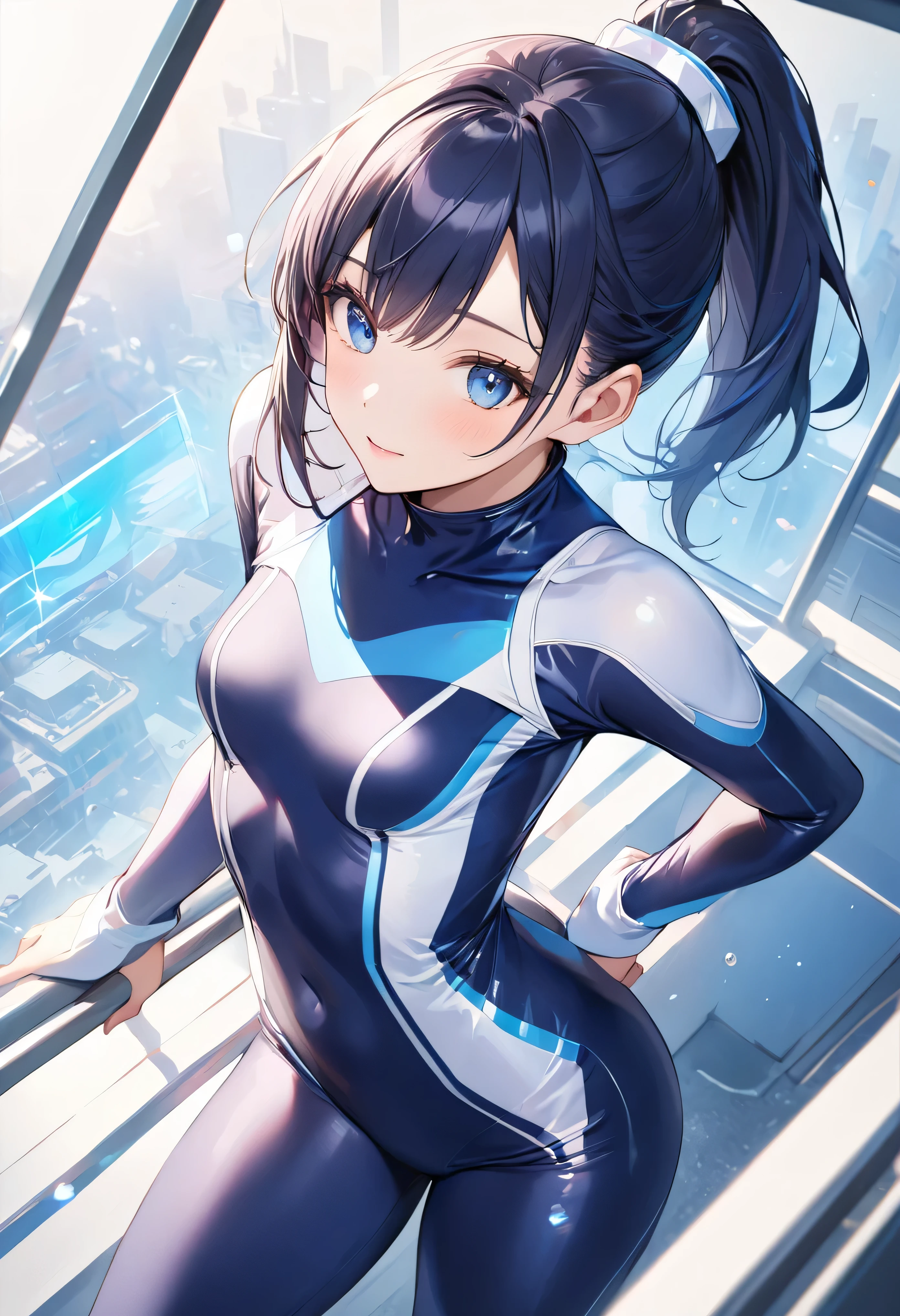 (Holographic glow effect,masterpiece、Best Quality、Highest Resolution、Clear_image、Detailed details、The angle is from above): (whole body,solo、A girl alone、Japanese Faces、High knot ponytail、Dark blue hair girl、Small breasts、（Perfect body：1.4）、Sparkling blue eyes、(White and navy blue pilot suit、White and navy blue zero suit、White and navy bodysuit、White and navy tight-fitting clothing、Wear full white and navy blue cover、White and navy thigh-covering pants、White and navy shoulder cover outfit、White and navy cropped jacket、White and navy shiny clothes、Navy blue tight-fitting pants that hide the legs、Clothing that doesn&#39;t attract skin、Clothes that hide the skin、Armor to hide the chest)、Very delicate and beautiful、Detailed Skin、Slim body、Exoskeleton、Cute、A gentle smile、Soft expression、heroine、White and navy blue long boots、Elbow-length gloves)、,Polished floor,helmet