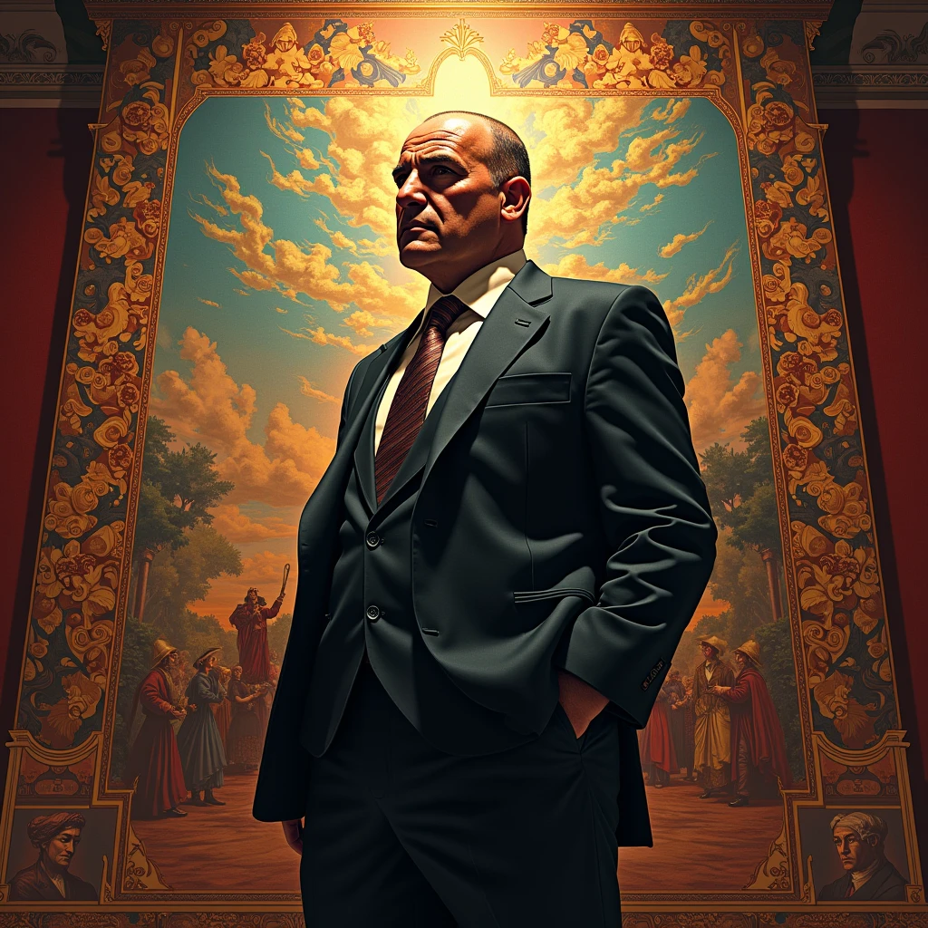 Mafia Boss, On a huge mural or tapestry, the legendary story of a gang leader is depicted with bright colors and vivid images. The rich colors and dramatic light and shadow of the mural are the main colors, and the light and shadow effects of the mural are the main focus. The details are reflected in the storytelling and artistic expression.

dynamic movement, full body, photorealistic, Professional, perfect composition, intricate details, ultra-detailed