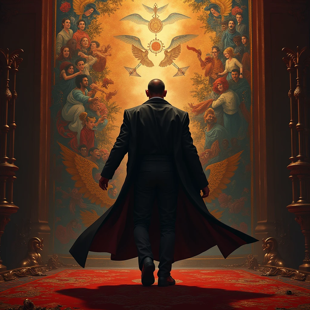 Mafia Boss, On a huge mural or tapestry, the legendary story of a gang leader is depicted with bright colors and vivid images. The rich colors and dramatic light and shadow of the mural are the main colors, and the light and shadow effects of the mural are the main focus. The details are reflected in the storytelling and artistic expression.

dynamic movement, full body, photorealistic, Professional, perfect composition, intricate details, ultra-detailed