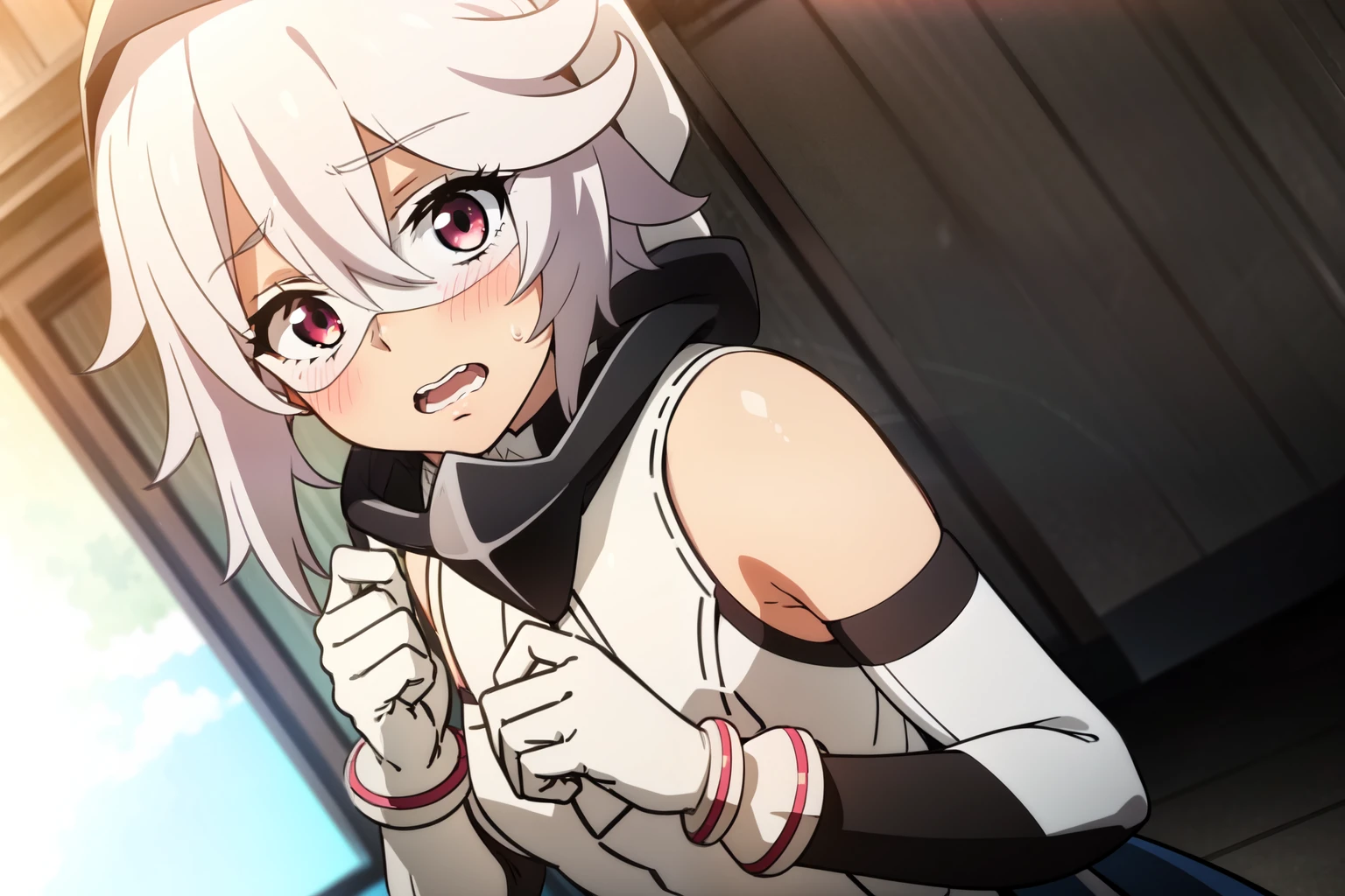 8k, obra maestra, absurdres, animé, SHYhero, 1girl, solo,  blush, cowboy shot, elbow gloves, eye mask, gloves, hands up, hood, hood down, leotard, parted lips, pink background, red eyes, short hair, simple background, solo, teeth, white gloves, white hair, white leotard, looking at viewer