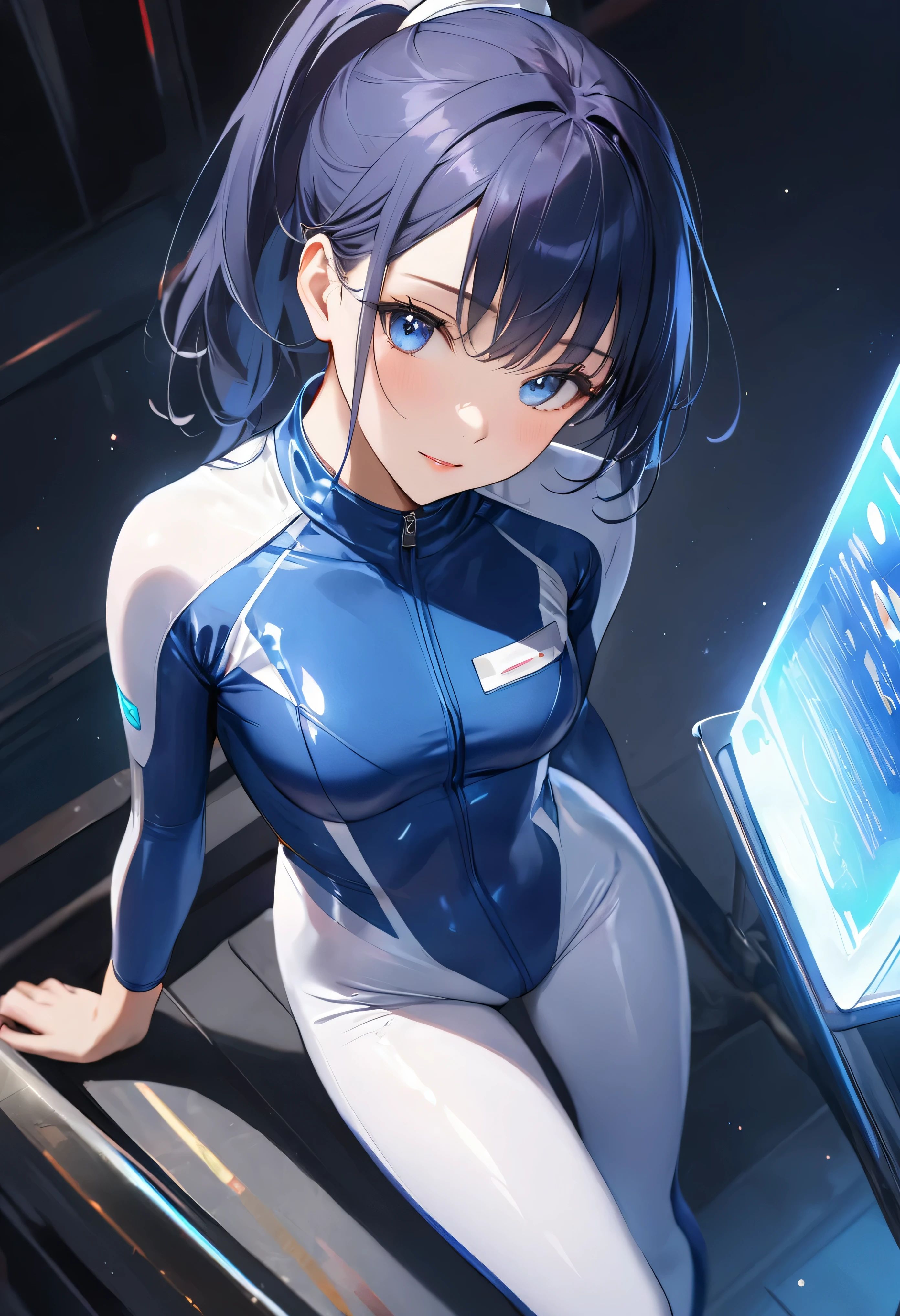 (Holographic glow effect,masterpiece、Best Quality、Highest Resolution、Clear_image、Detailed details、The angle is from above): (whole body,solo、A girl alone、Japanese Faces、High knot ponytail、Dark blue hair girl、Small breasts、（Perfect body：1.4）、Sparkling blue eyes、(White and navy blue pilot suit、White and navy blue zero suit、White and navy bodysuit、White and navy tight-fitting clothing、Wear full white and navy blue cover、White and navy thigh-covering pants、White and navy shoulder cover outfit、White and navy cropped jacket、White and navy shiny clothes、Navy blue tight-fitting pants that hide the legs、Clothing that doesn&#39;t attract skin、Clothes that hide the skin、Armor to hide the chest)、Very delicate and beautiful、Detailed Skin、Slim body、Exoskeleton、Cute、A gentle smile、Soft expression、heroine、White and navy blue long boots、Elbow-length gloves)、,Polished floor,helmet