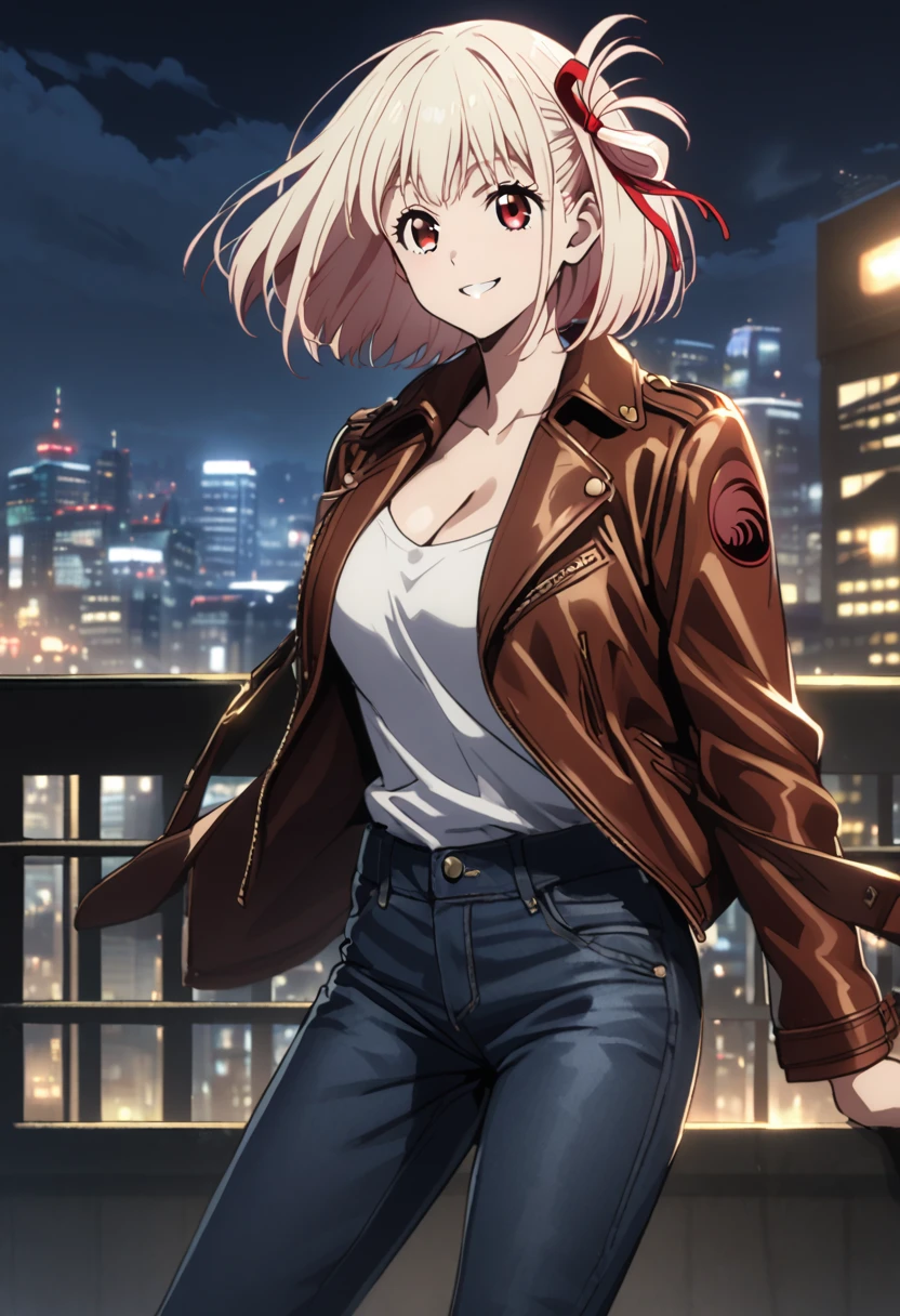 chisato nishikigi, short hair, bangs, blonde hair, red eyes, hair ribbon, one side up, bob cut, solo, smile, large breast, white shirt, cleavage, leather jackey, denim pants,  night, city, fence, wind,