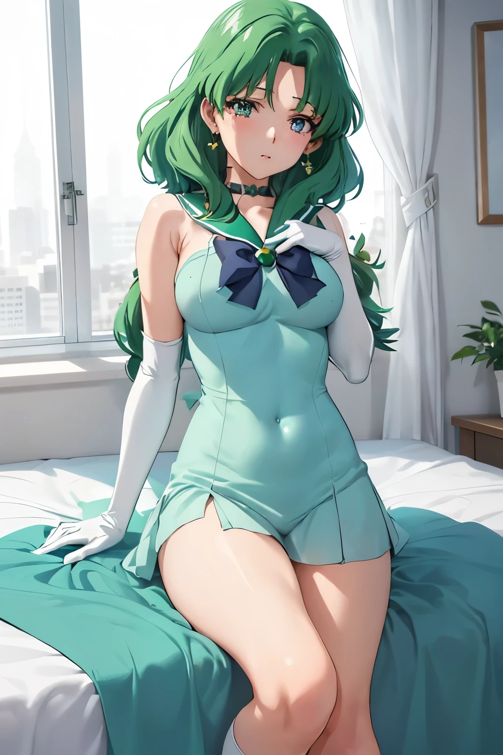 masutepiece, Best Quality, 1girl in, (Sailor Neptune),Green head hair, (Green eye:1.2),((Upper body naked))、((long boots))、((thigh high socks room))、length hair、poneyTail、((embarassed expression))、((Bedroom))、((Black panties))、((Poses that emphasize breasts))