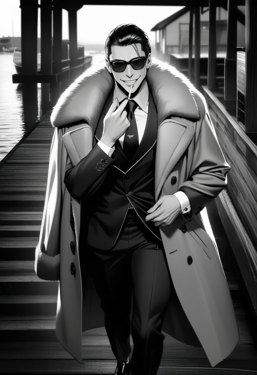 1boy, solo, Whole body, mafia, 50 years old, Asian Male, Slicked-back black hair, sunglasses, Close eyes, Throw the cigarette up, Smoke is streaming, Cynical smile, Square jaw, Luxurious coat with fur, Armani Suits, monochrome BREAK UHD, masterpiece, high details, Wharf, Walking towards the viewer