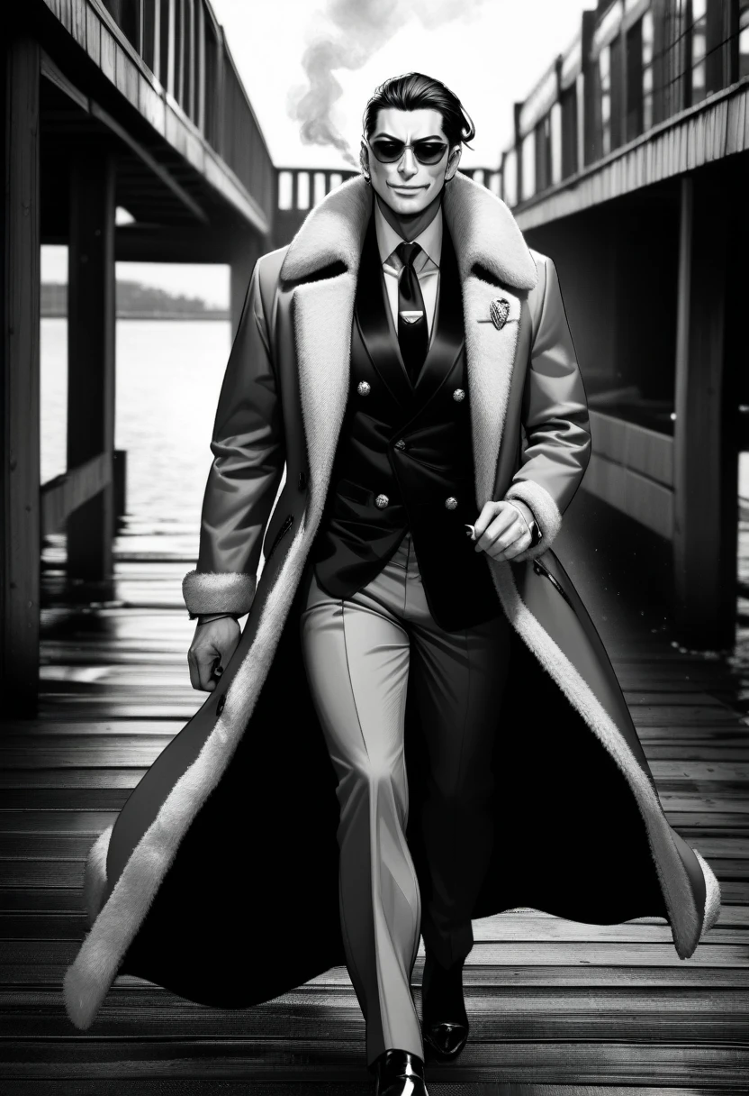 1boy, solo, Whole body, mafia, 50 years old, Asian Male, Slicked-back black hair, sunglasses, Close eyes, Throw the cigarette up, Smoke is streaming, Cynical smile, Square jaw, Luxurious coat with fur, Armani Suits, monochrome BREAK UHD, masterpiece, high details, Wharf, Walking towards the viewer