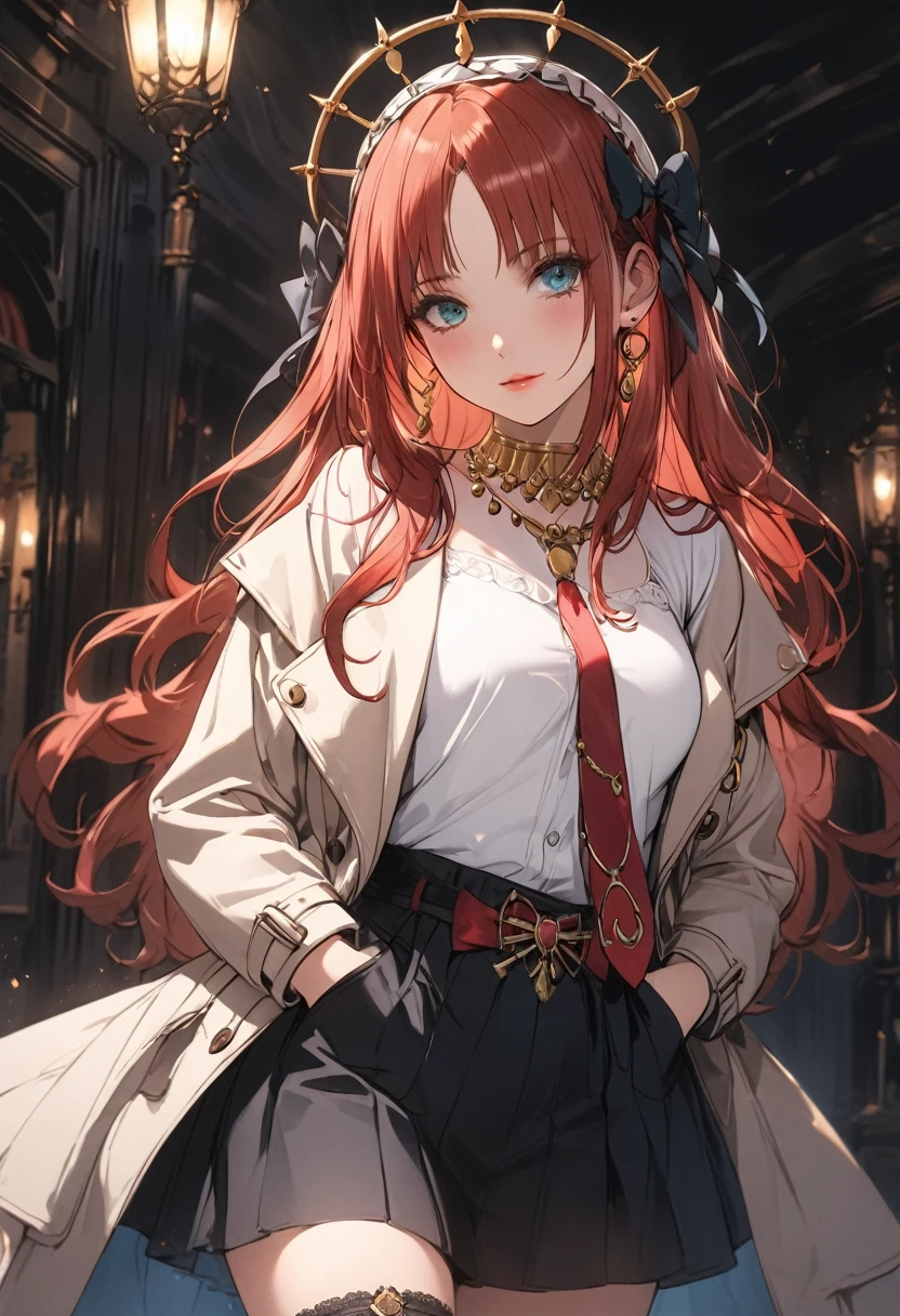 a woman wearing a french coat, shirt and tie, short skirt, black stockings, and boots, hands in pockets, beautiful detailed eyes, beautiful detailed lips, extremely detailed eyes and face, long eyelashes, 8k, high quality, cinematic lighting, elegant, fashionable, moody atmosphere, dramatic lighting, elegant pose, nilou, niloudress, frilled, whole body
