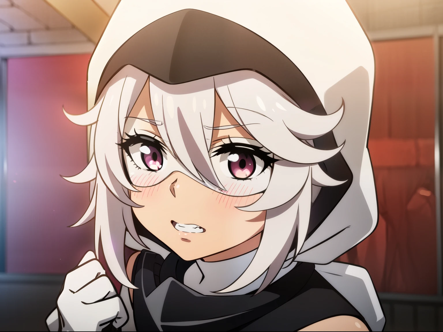 8k, obra maestra, absurdres, animé, SHYhero, 1girl, solo,  blush, cowboy shot, elbow gloves, eye mask, gloves, hands up, hood, hood down, leotard, parted lips, pink background, red eyes, short hair, simple background, solo, teeth, white gloves, white hair, white leotard, looking at viewer