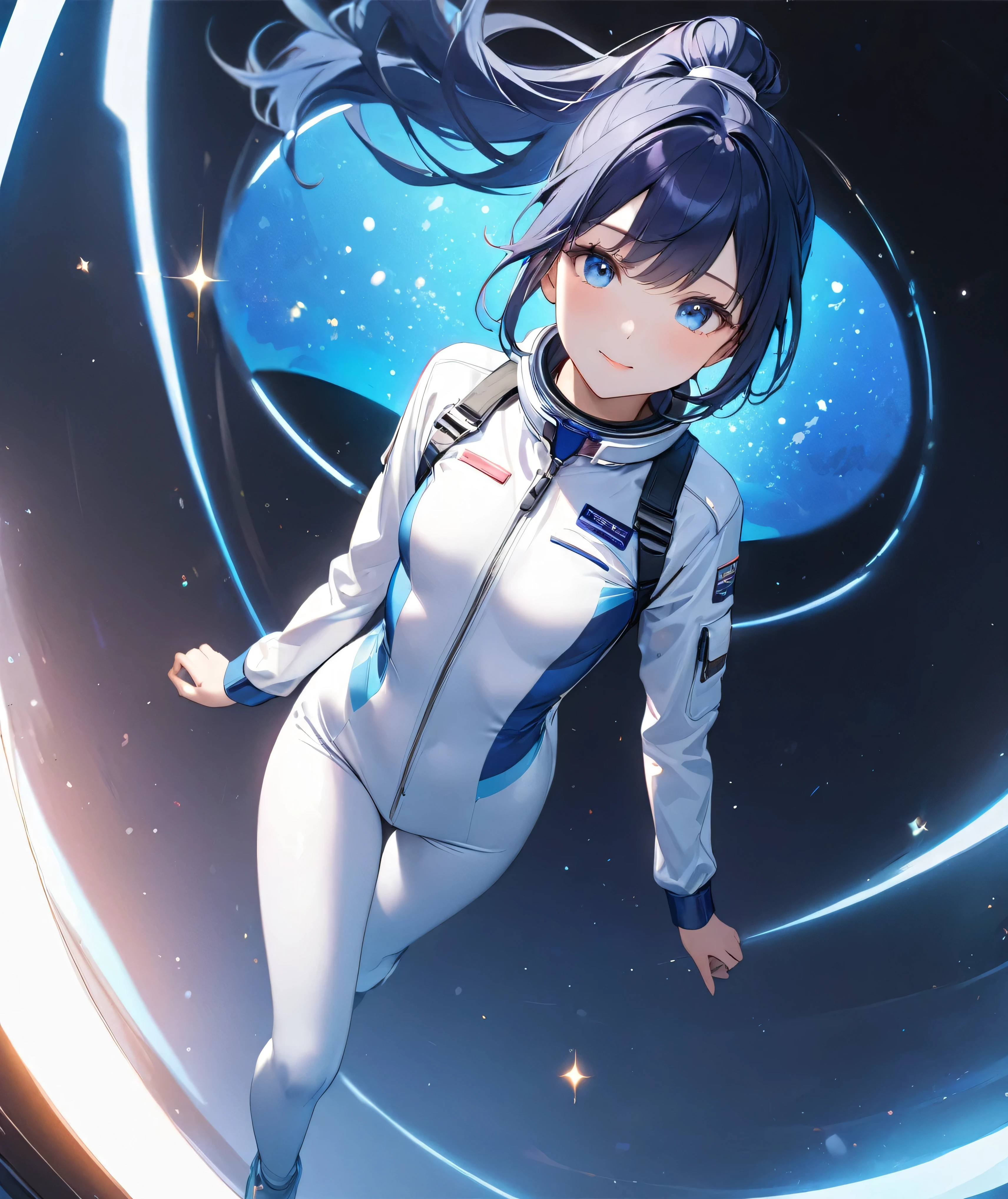 (Holographic glow effect,masterpiece、Best Quality、Highest Resolution、Clear_image、Detailed details、The angle is from above): (whole body,solo、A girl alone、Japanese Faces、High knot ponytail、Dark blue hair girl、Small breasts、（Perfect body：1.4）、Sparkling blue eyes、(White and navy blue pilot suit、Wear full white and navy blue cover、White and navy thigh-covering pants、White and navy shoulder cover outfit、White and navy cropped jacket、White and navy shiny clothes、Navy blue tight-fitting pants that hide the legs、Clothing that doesn&#39;t attract skin、Clothes that hide the skin、Armor to hide the chest、White and navy blue long boots、White and navy elbow-length gloves、White and navy gloves)、Very delicate and beautiful、Detailed Skin、Slim body、Exoskeleton、Cute、A gentle smile、Soft expression、heroine),Polished floor,helmet、Light vortex、Water Vortex、Wind Vortex