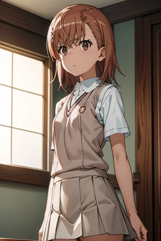 Misaka Mikoto、A Certain Scientific Railgun、girl、Small breasts、whole body、Contrasted、Short sleeve blouse、Beige knit vest、Dark grey plain pleated skirt、arms behind back、best quality,