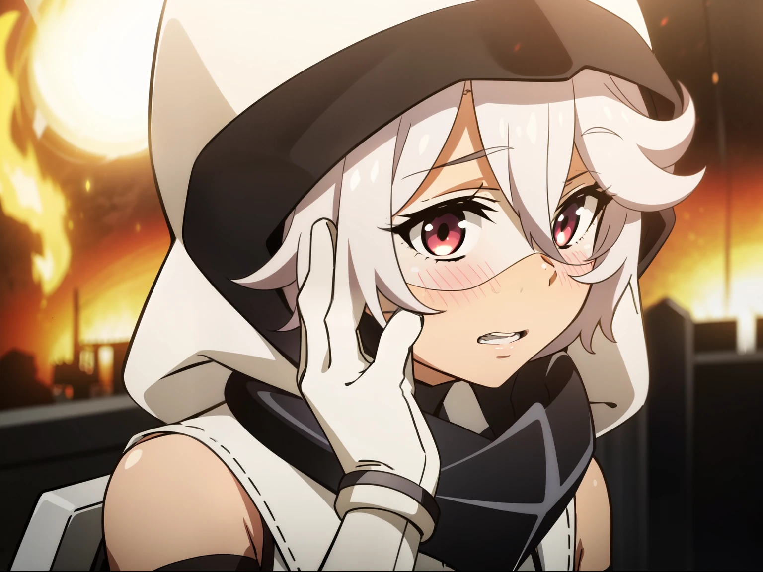 8k, obra maestra, absurdres, animé, SHYhero, 1girl, solo,  blush, cowboy shot, elbow gloves, eye mask, gloves, hands up, hood, hood down, leotard, parted lips, pink background, red eyes, short hair, simple background, solo, teeth, white gloves, white hair, white leotard, looking at viewer, fire (right hand)