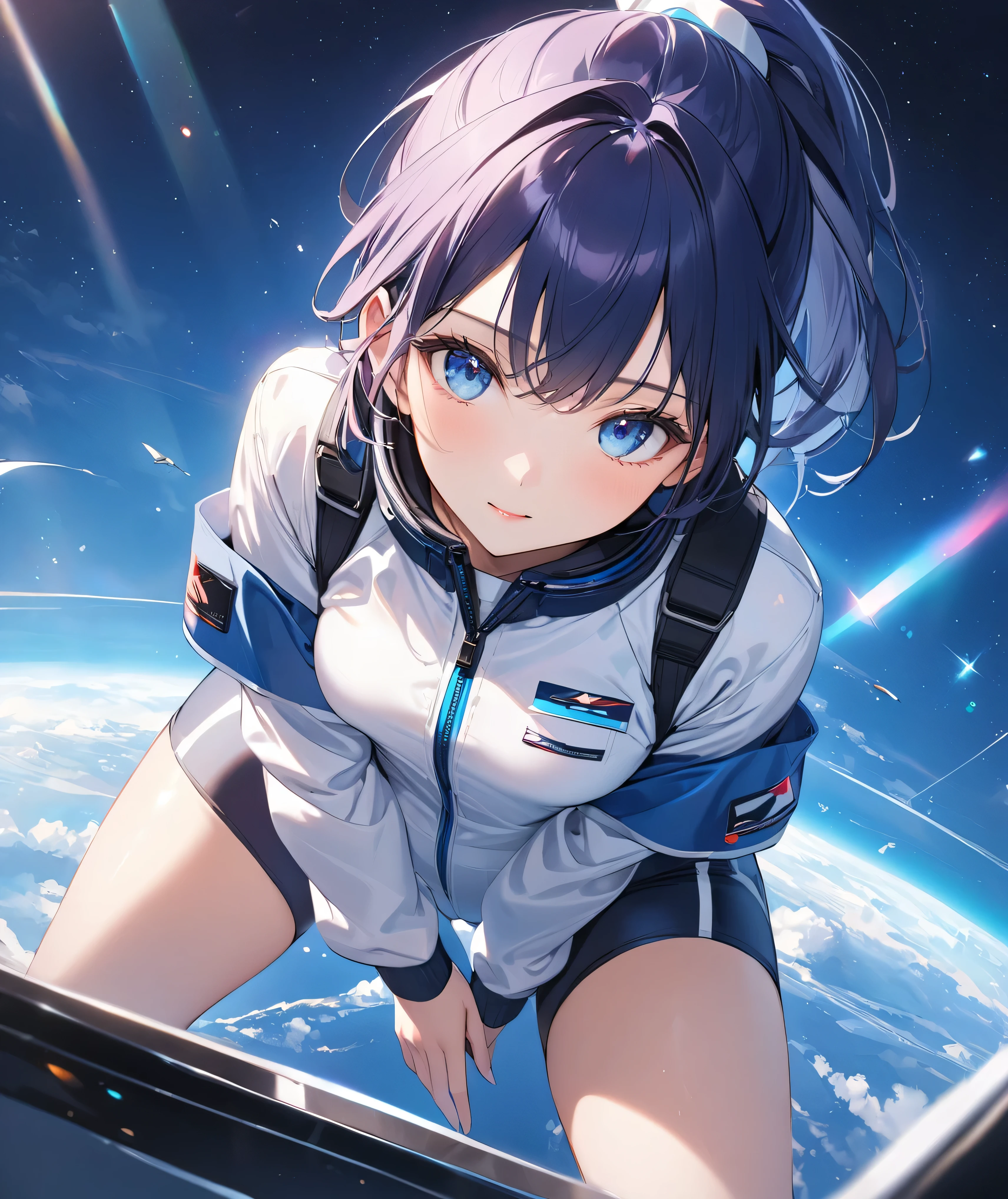 (Holographic glow effect,masterpiece、Best Quality、Highest Resolution、Clear_image、Detailed details、The angle is from above): (whole body,solo、A girl alone、Japanese Faces、High knot ponytail、Dark blue hair girl、Small breasts、（Perfect body：1.4）、Sparkling blue eyes、(White and navy blue pilot suit、Wear full white and navy blue cover、White and navy thigh-covering pants、White and navy shoulder cover outfit、White and navy cropped jacket、White and navy shiny clothes、Navy blue tight-fitting pants that hide the legs、Clothing that doesn&#39;t attract skin、Clothes that hide the skin、Armor to hide the chest、White and navy blue long boots、White and navy elbow-length gloves、White and navy gloves)、Very delicate and beautiful、Detailed Skin、Slim body、Exoskeleton、Cute、A gentle smile、Soft expression、heroine),Polished floor,helmet、Light vortex、Water Vortex、Wind Vortex