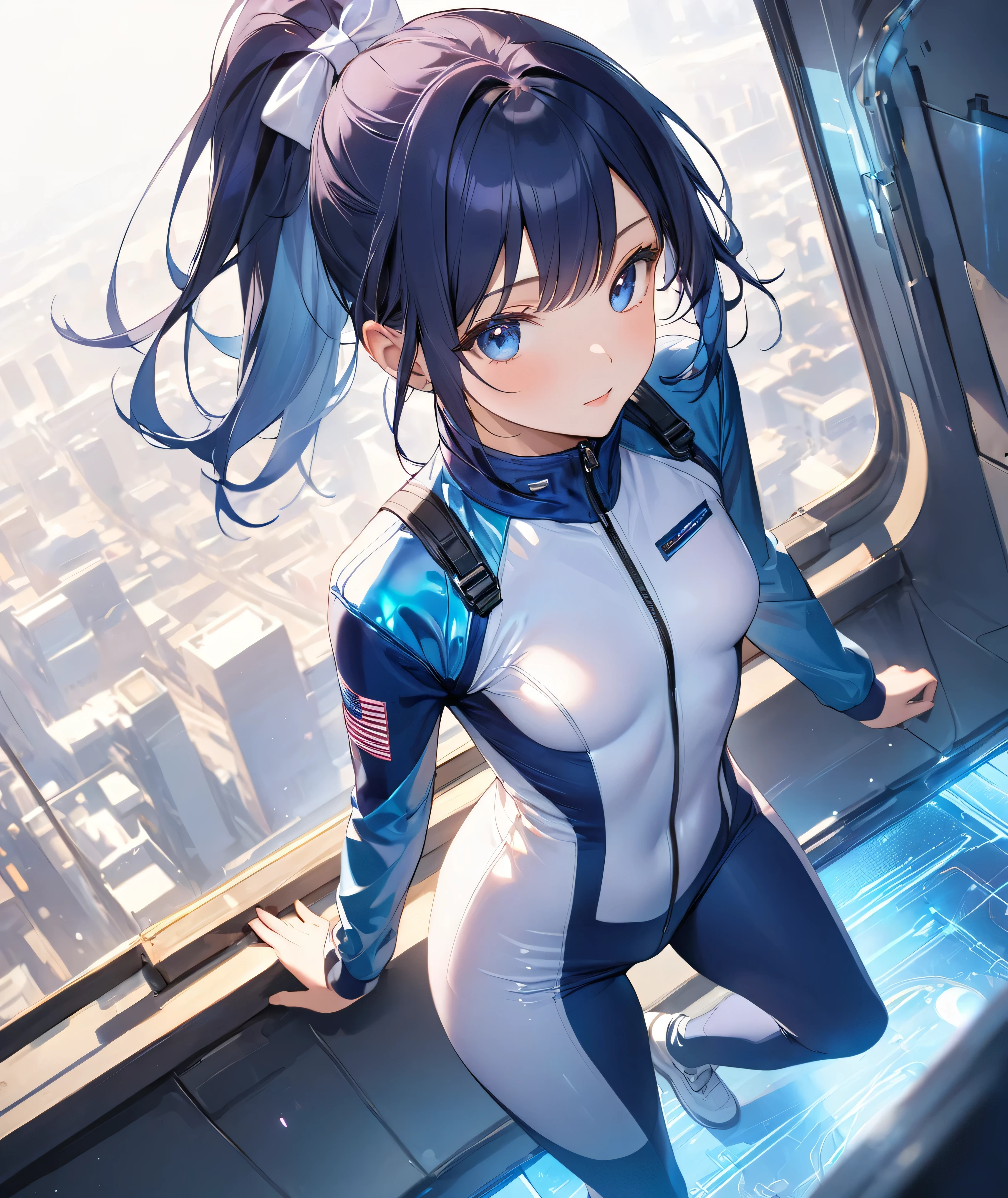 (Holographic glow effect,masterpiece、Best Quality、Highest Resolution、Clear_image、Detailed details、The angle is from above): (whole body,solo、A girl alone、Japanese Faces、High knot ponytail、Dark blue hair girl、Small breasts、（Perfect body：1.4）、Sparkling blue eyes、(White and navy blue pilot suit、Wear full white and navy blue cover、White and navy thigh-covering pants、White and navy shoulder cover outfit、White and navy cropped jacket、White and navy shiny clothes、Navy blue tight-fitting pants that hide the legs、Clothing that doesn&#39;t attract skin、Clothes that hide the skin、Armor to hide the chest、White and navy blue long boots、White and navy elbow-length gloves、White and navy gloves)、Very delicate and beautiful、Detailed Skin、Slim body、Exoskeleton、Cute、A gentle smile、Soft expression、heroine),Polished floor,helmet、Light vortex、Water Vortex、Wind Vortex