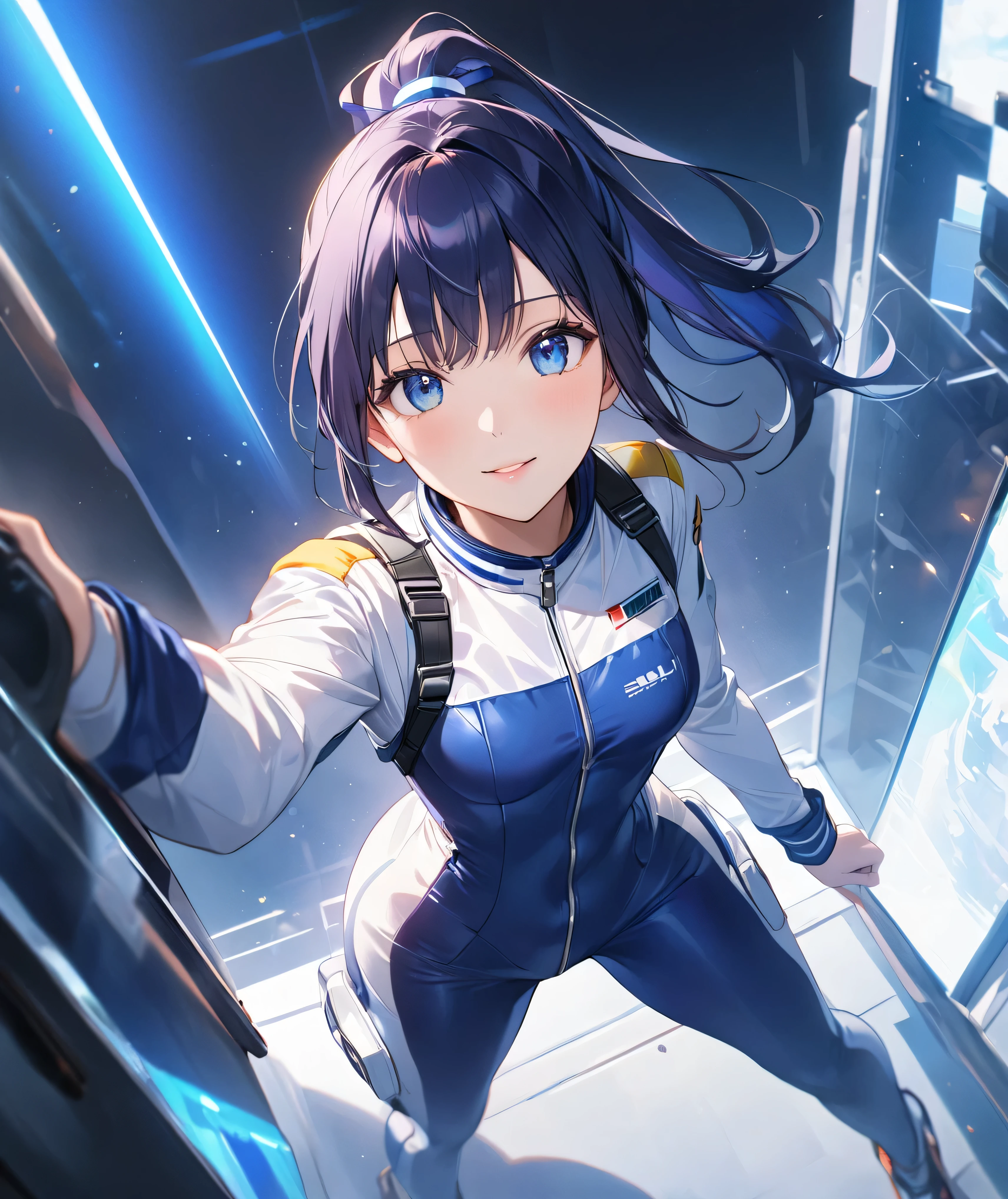 (Holographic glow effect,masterpiece、Best Quality、Highest Resolution、Clear_image、Detailed details、The angle is from above): (whole body,solo、A girl alone、Japanese Faces、High knot ponytail、Dark blue hair girl、Small breasts、(Perfect body:1.4)、Sparkling blue eyes、(White and navy blue pilot suit、Wear full white and navy blue cover、White and navy thigh-covering pants、White and navy shoulder cover outfit、White and navy cropped jacket、White and navy shiny clothes、Navy blue tight-fitting pants that hide the legs、Clothing that doesn't attract skin、Clothes that hide the skin、Armor to hide the chest、White and navy blue long boots、White and navy elbow-length gloves、White and navy gloves)、Very delicate and beautiful、Detailed Skin、Slim body、Exoskeleton、Cute、A gentle smile、Soft expression、heroine),Polished floor,helmet、Light vortex、Water Vortex、Wind Vortex