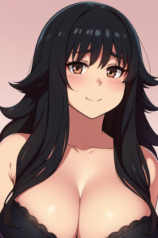 Chubby 21 year old big boobs black hair brown eyes happy long messy hair blushing smile red deredere black bra and underwear