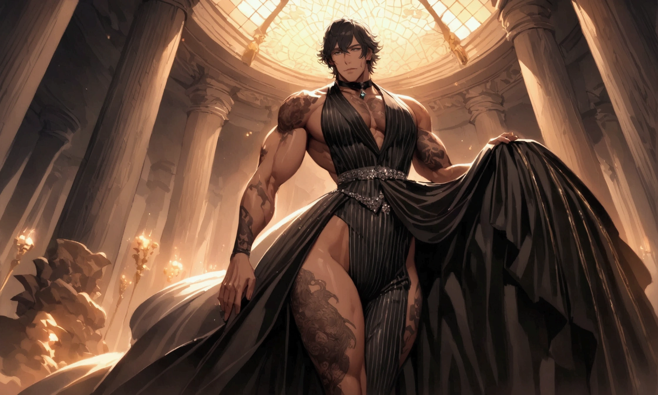 (masterpiece, best quality, highres, ultra-detailed),(beautiful and aesthetic:1.2), detailed eyes and fac, full body, ((1 man)), adult, (pompadour haircut), (black hair), (blue eyes), male body, male focus, Beautiful body, perfect body, harem, belly dancer outfit, belly many colours skirt, sandals, transparent, expensive bracelets on arms and legs, luxury castle , luxury bedroom, luxury bed,