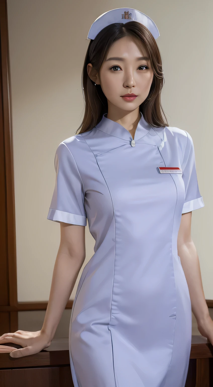 ((Best Quality, 8k, Masterpiece 35mm lens, Highly realistic photos, High resolution, Detailed face, Detailed skin, masterpiece)), Natural Light, (beautiful Japanese female nurse), (realistic nurse uniform dress:1.5), 40 years old, Petite, small, very thin, Narrow waist, Thin face, eyes seeing the lens