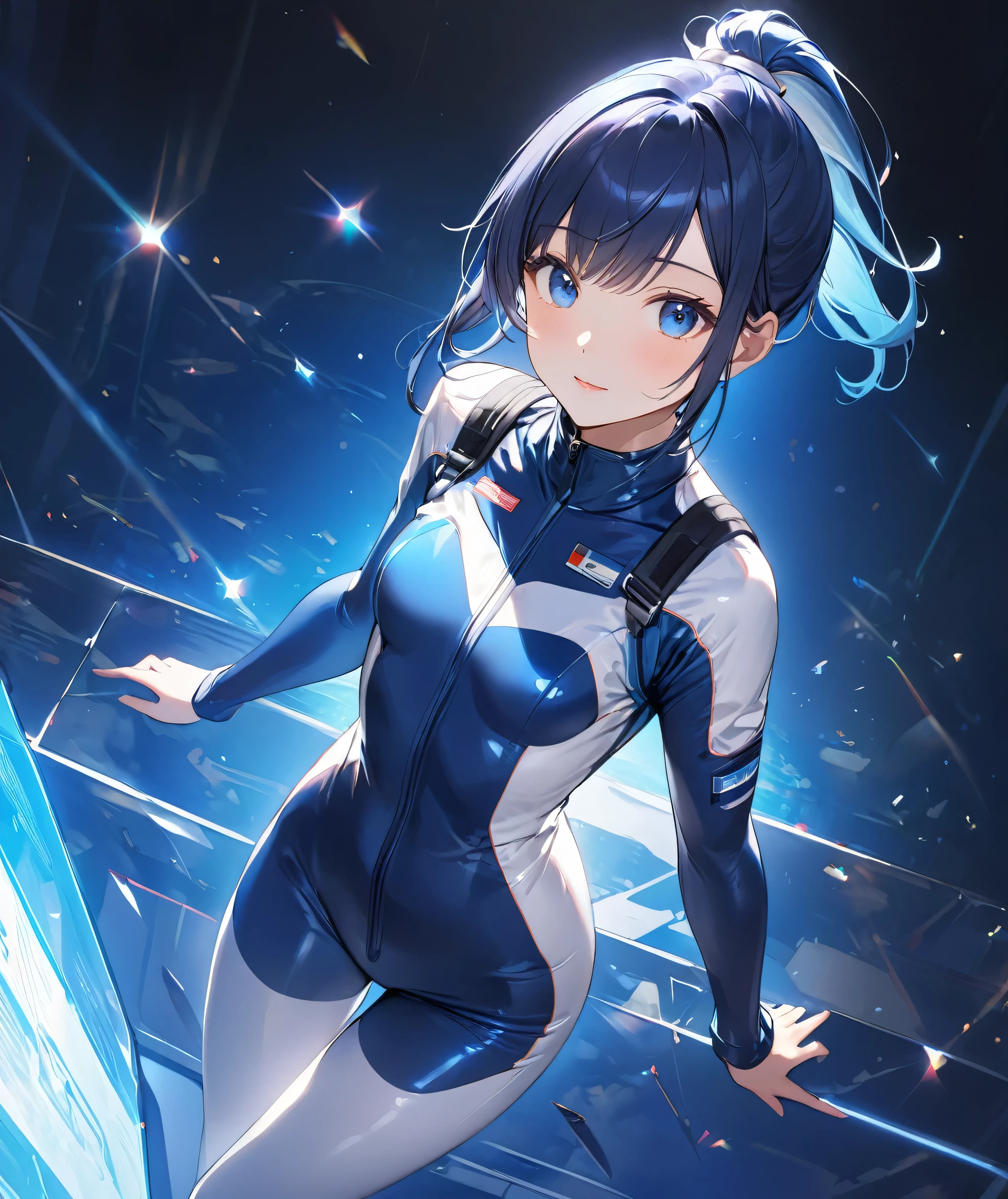 (Holographic glow effect,masterpiece、Best Quality、Highest Resolution、Clear_image、Detailed details、The angle is from above): (whole body,solo、A girl alone、Japanese Faces、High knot ponytail、Dark blue hair girl、Small breasts、（Perfect body：1.4）、Sparkling blue eyes、(White and navy blue pilot suit、Wear full white and navy blue cover、White and navy thigh-covering pants、White and navy shoulder cover outfit、White and navy cropped jacket、White and navy shiny clothes、Navy blue tight-fitting pants that hide the legs、Clothing that doesn&#39;t attract skin、Clothes that hide the skin、Armor to hide the chest、White and navy blue long boots、White and navy elbow-length gloves、White and navy gloves)、Very delicate and beautiful、Detailed Skin、Slim body、Exoskeleton、Cute、A gentle smile、Soft expression、heroine),Polished floor,helmet、Light vortex、Water Vortex、Wind Vortex