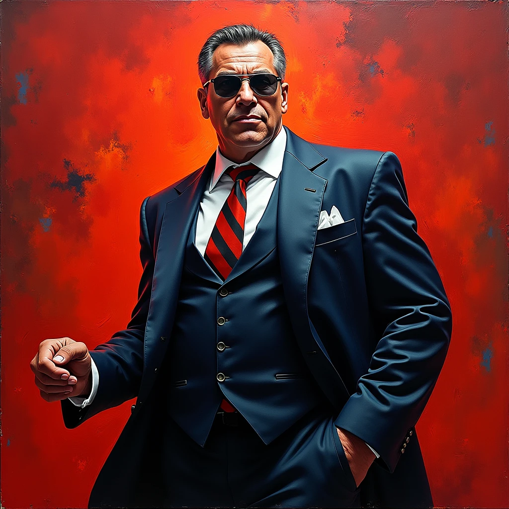 Mafia Boss, On a huge mural or tapestry, the legendary story of a gang leader is depicted with bright colors and vivid images. The rich colors and dramatic light and shadow of the mural are the main colors, and the light and shadow effects of the mural are the main focus. The details are reflected in the storytelling and artistic expression.

dynamic movement, full body, photorealistic, Professional, perfect composition, intricate details, ultra-detailed