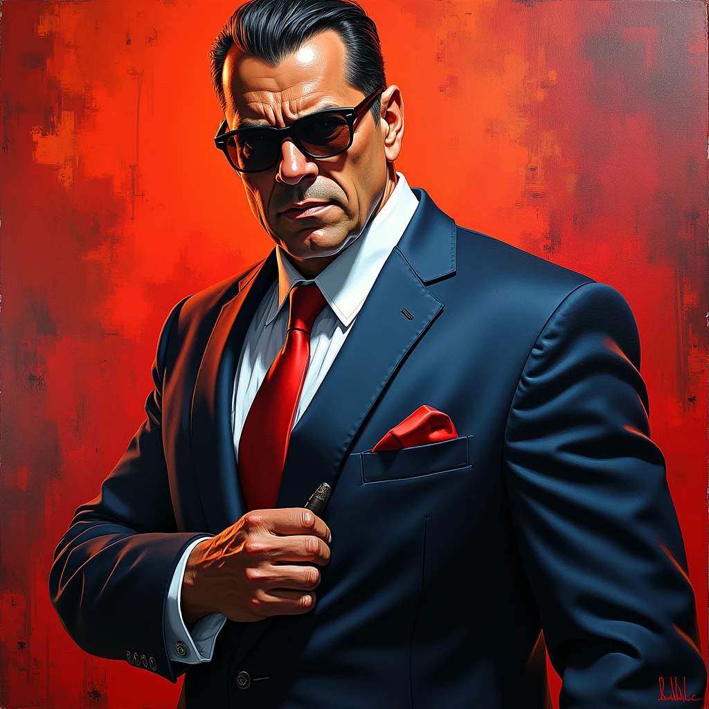 Mafia Boss, On a huge mural or tapestry, the legendary story of a gang leader is depicted with bright colors and vivid images. The rich colors and dramatic light and shadow of the mural are the main colors, and the light and shadow effects of the mural are the main focus. The details are reflected in the storytelling and artistic expression.

dynamic movement, full body, photorealistic, Professional, perfect composition, intricate details, ultra-detailed