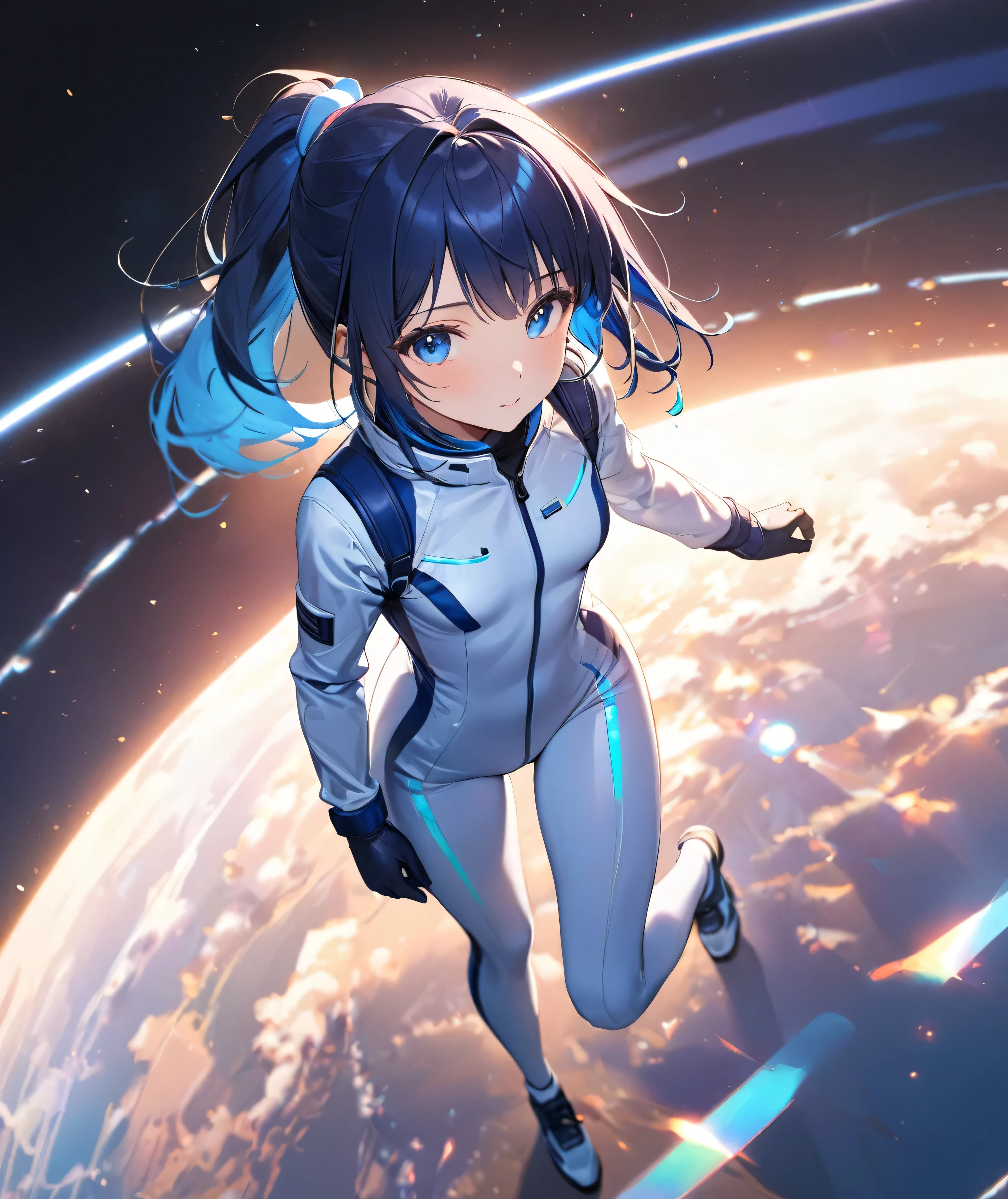 (Holographic glow effect,masterpiece、Best Quality、Highest Resolution、Clear_image、Detailed details、The angle is from above): (whole body,solo、A girl alone、Japanese Faces、High knot ponytail、Dark blue hair girl、Small breasts、（Perfect body：1.4）、Sparkling blue eyes、(White and navy blue pilot suit、Wear full white and navy blue cover、White and navy thigh-covering pants、White and navy shoulder cover outfit、White and navy cropped jacket、White and navy shiny clothes、Navy blue tight-fitting pants that hide the legs、Clothing that doesn&#39;t attract skin、Clothes that hide the skin、Armor to hide the chest、White and navy blue long boots、White and navy elbow-length gloves、White and navy gloves)、Very delicate and beautiful、Detailed Skin、Slim body、Exoskeleton、Cute、A gentle smile、Soft expression、heroine),Polished floor,helmet、Light vortex、Water Vortex、Wind Vortex